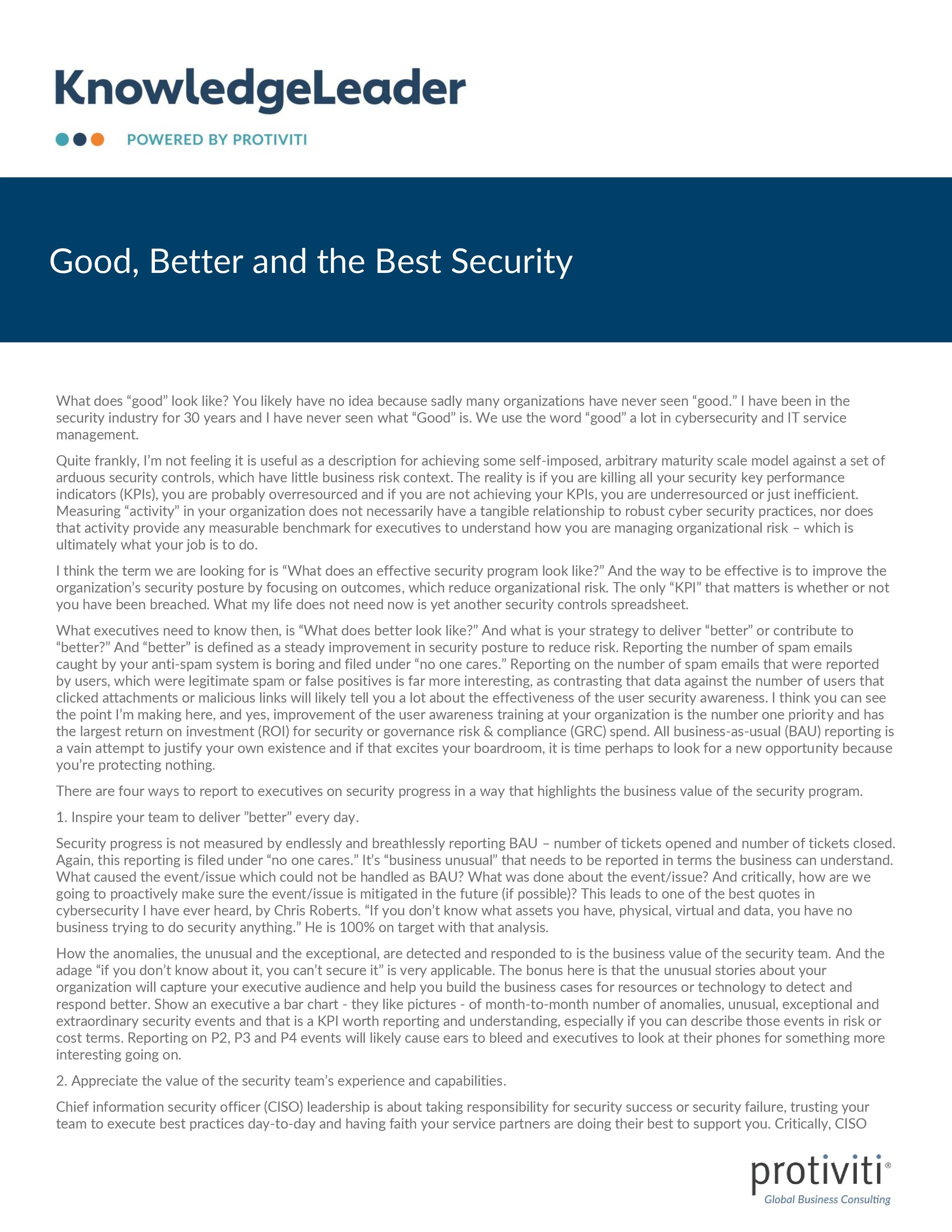 Screenshot of the first page of Good, Better and the Best Security