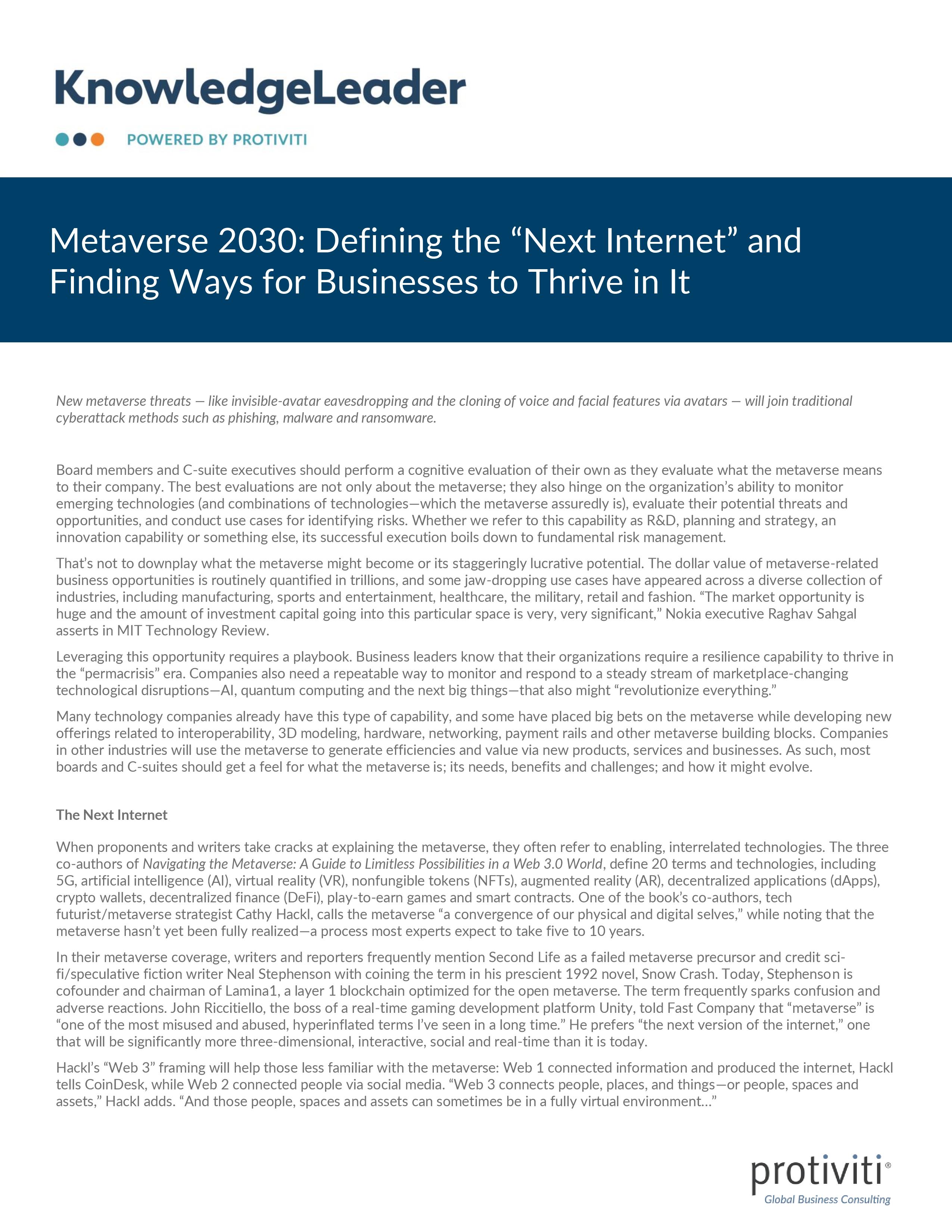 Screenshot of the first page of Metaverse 2030 Defining the “Next Internet” and Finding Ways for Businesses to Thrive in It
