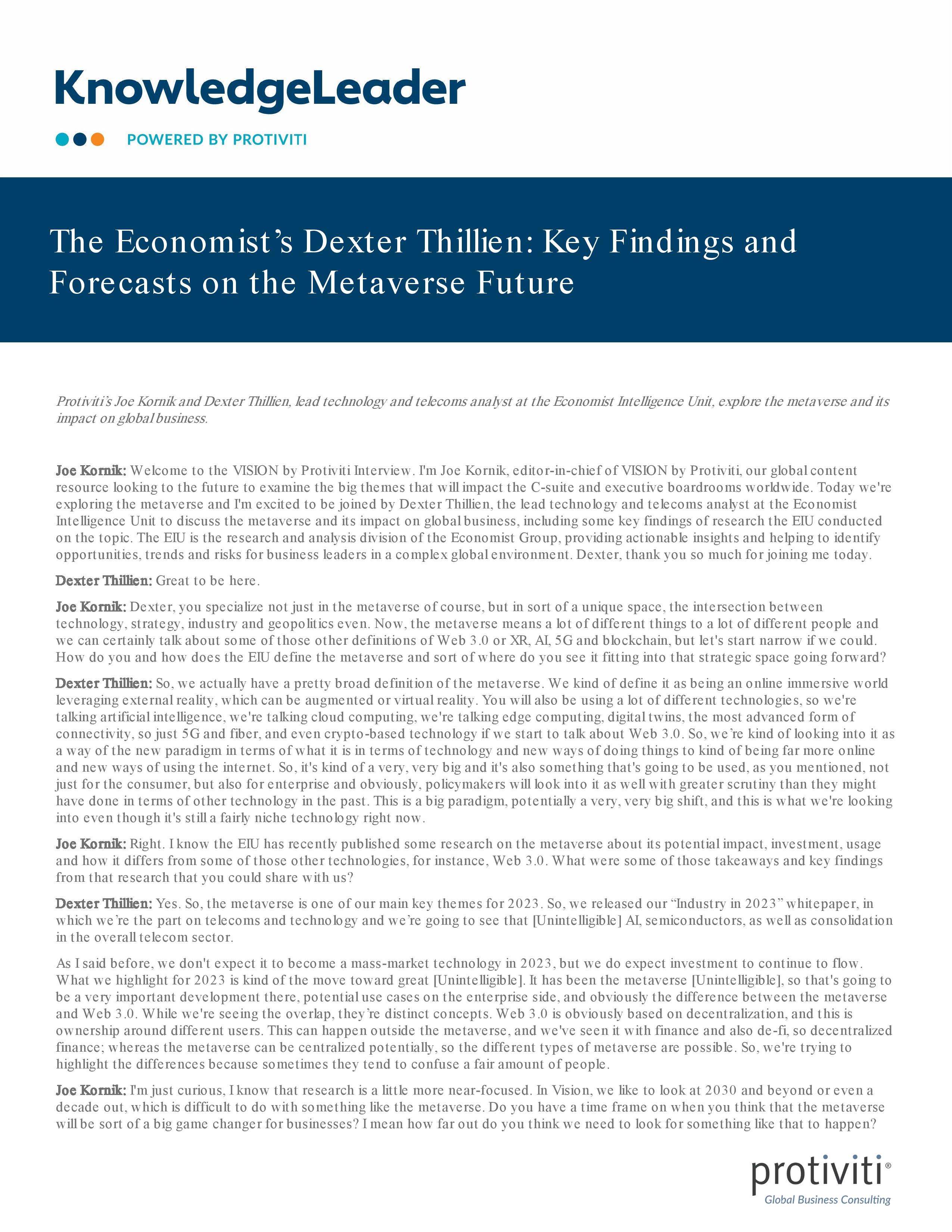 Screenshot of the first page of The Economist’s Dexter Thillien Key Findings and Forecasts on the Metaverse Future