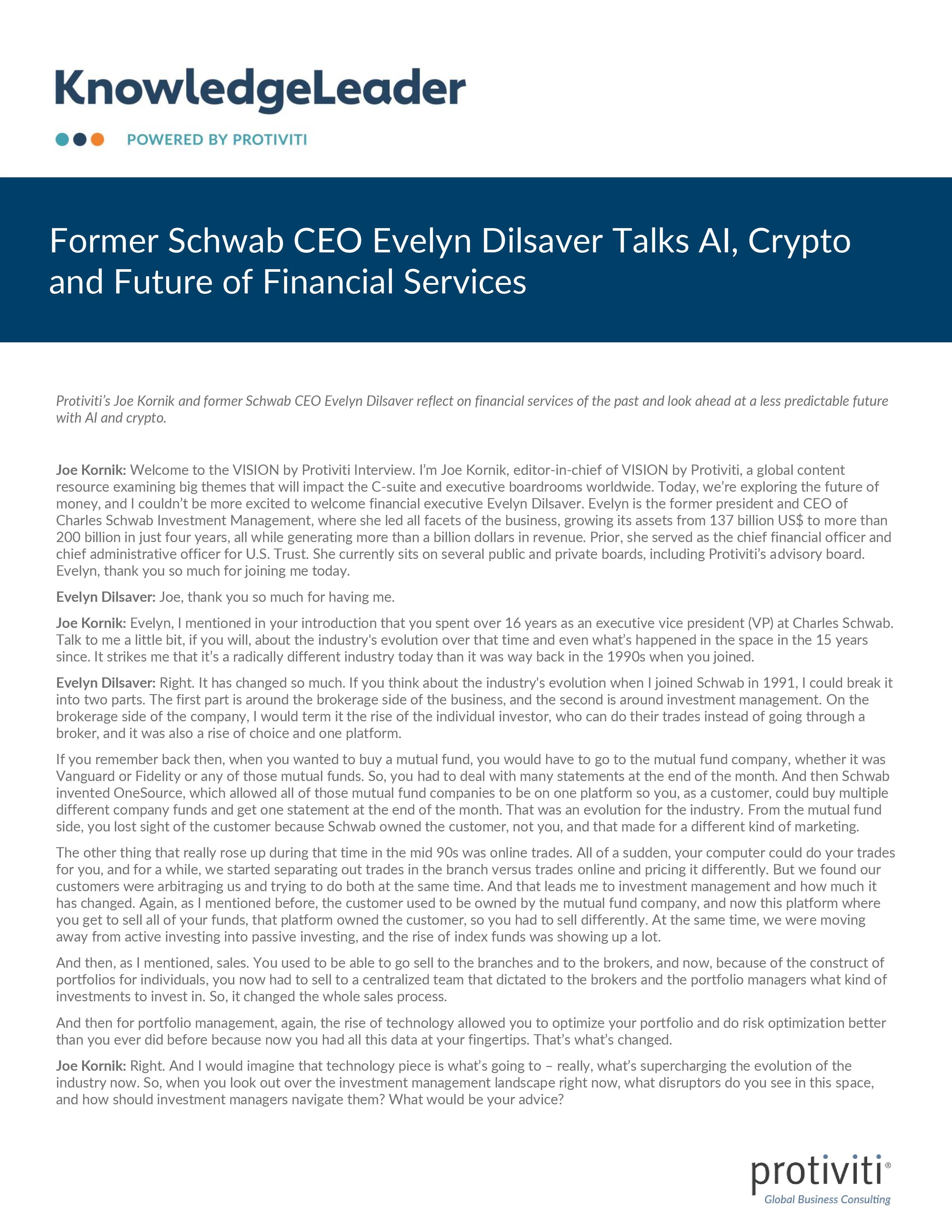 Screenshot of the first page of Former Schwab CEO Evelyn Dilsaver Talks AI, Crypto and Future of Financial Services