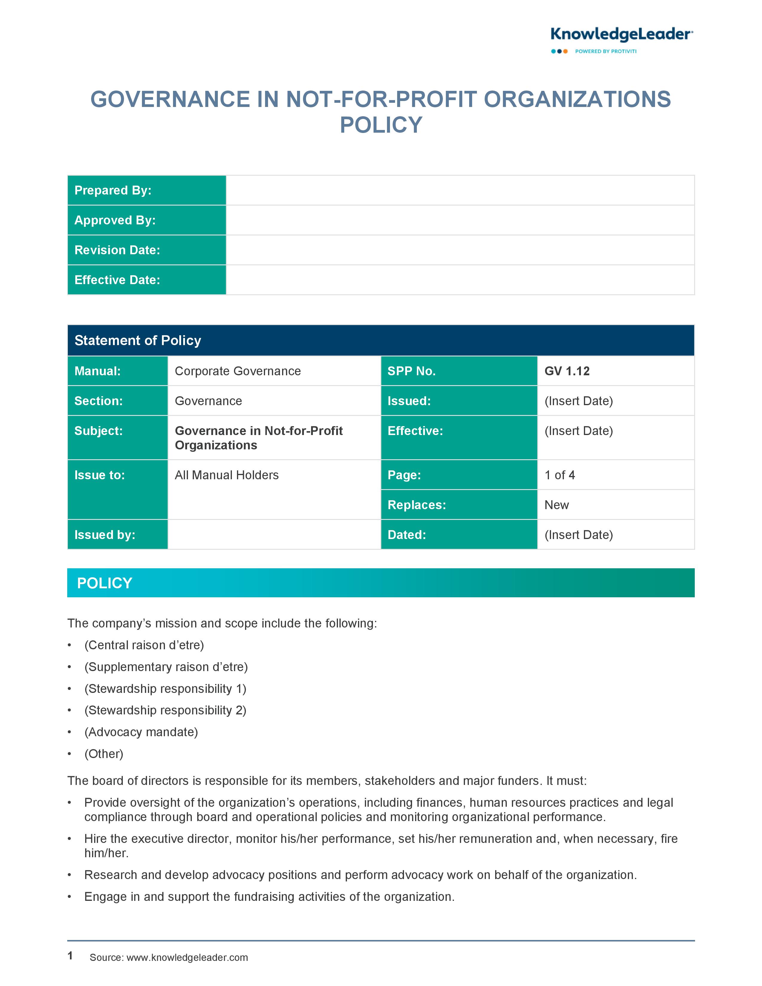 Screenshot of the first page of Governance in Not-For-Profit Organizations Policy