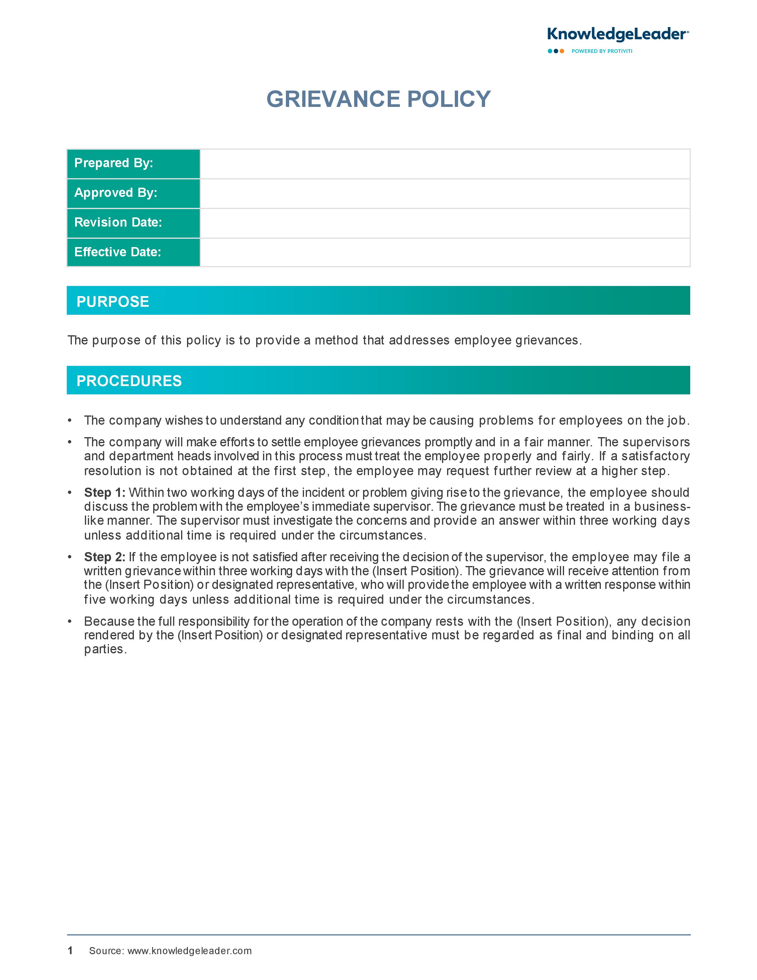 screenshot of the first page of Grievance Policy