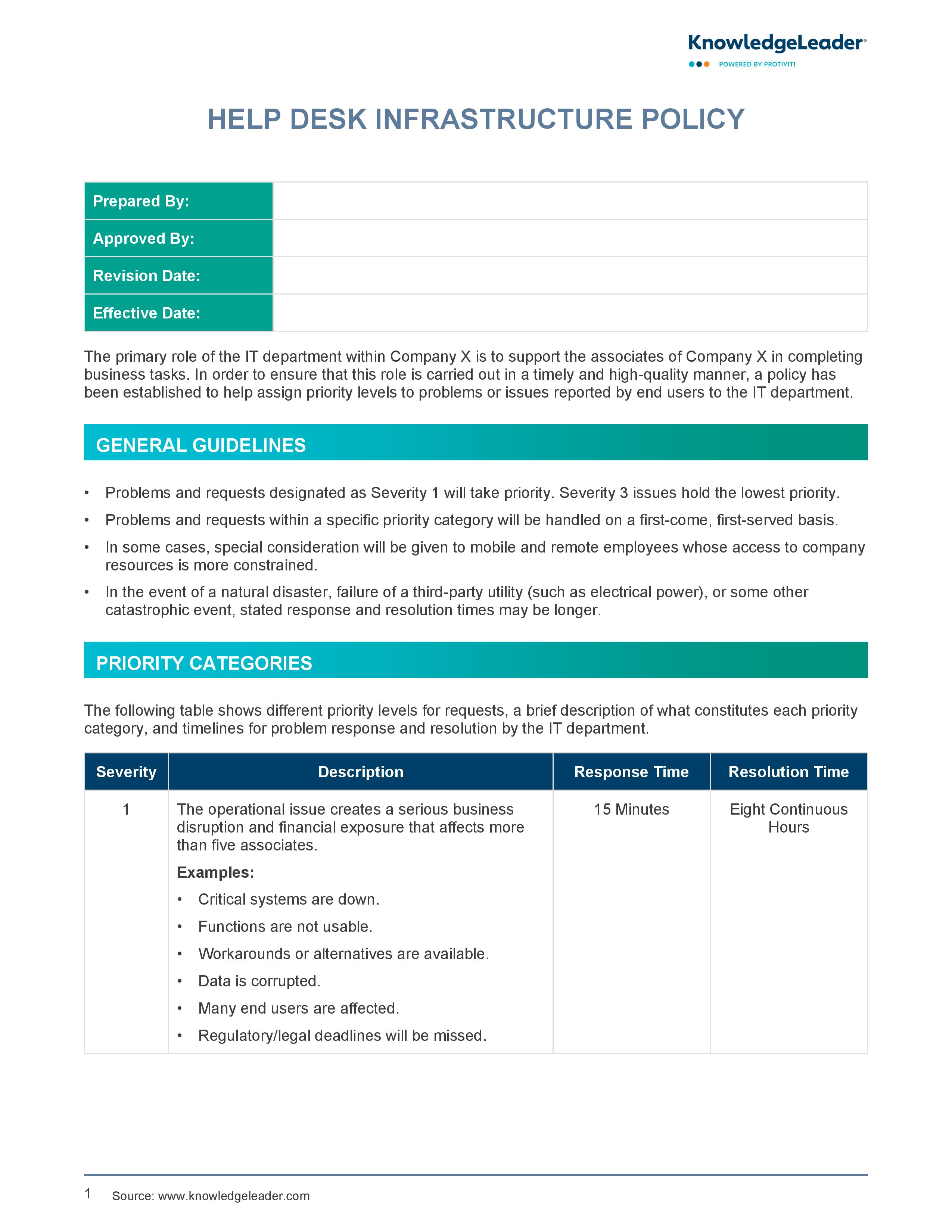 Screenshot of the first page of Help Desk Infrastructure Policy