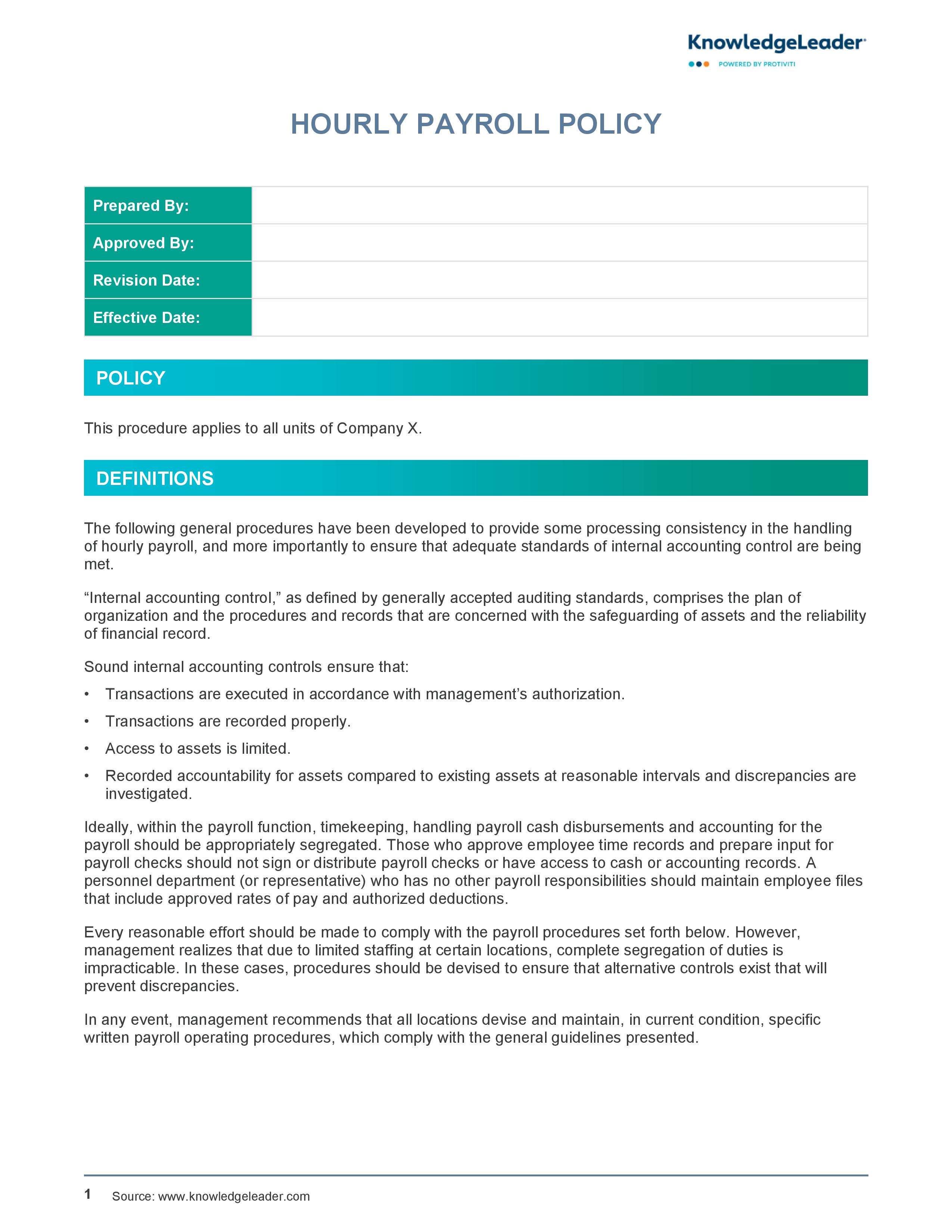 Screenshot of the first page of Hourly Payroll Policy