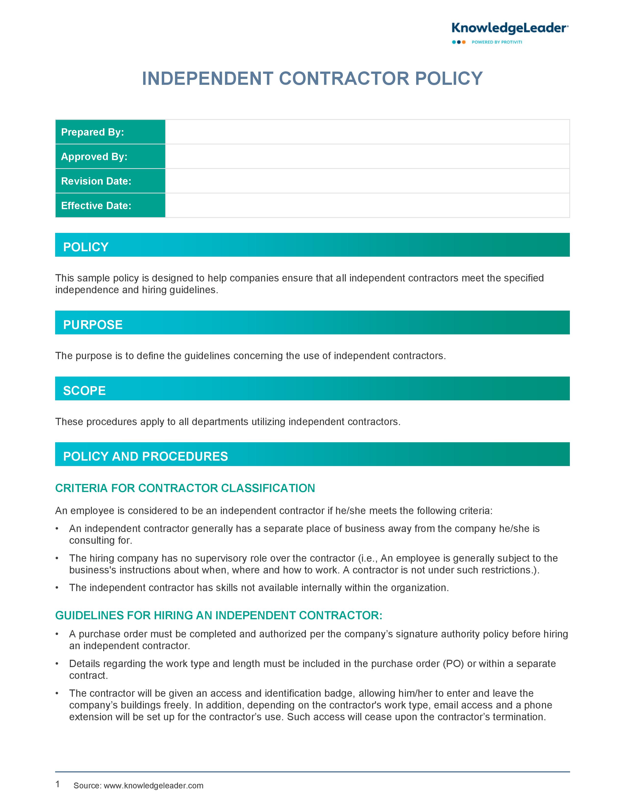 Screenshot of the first page of Independent Contractor Policy