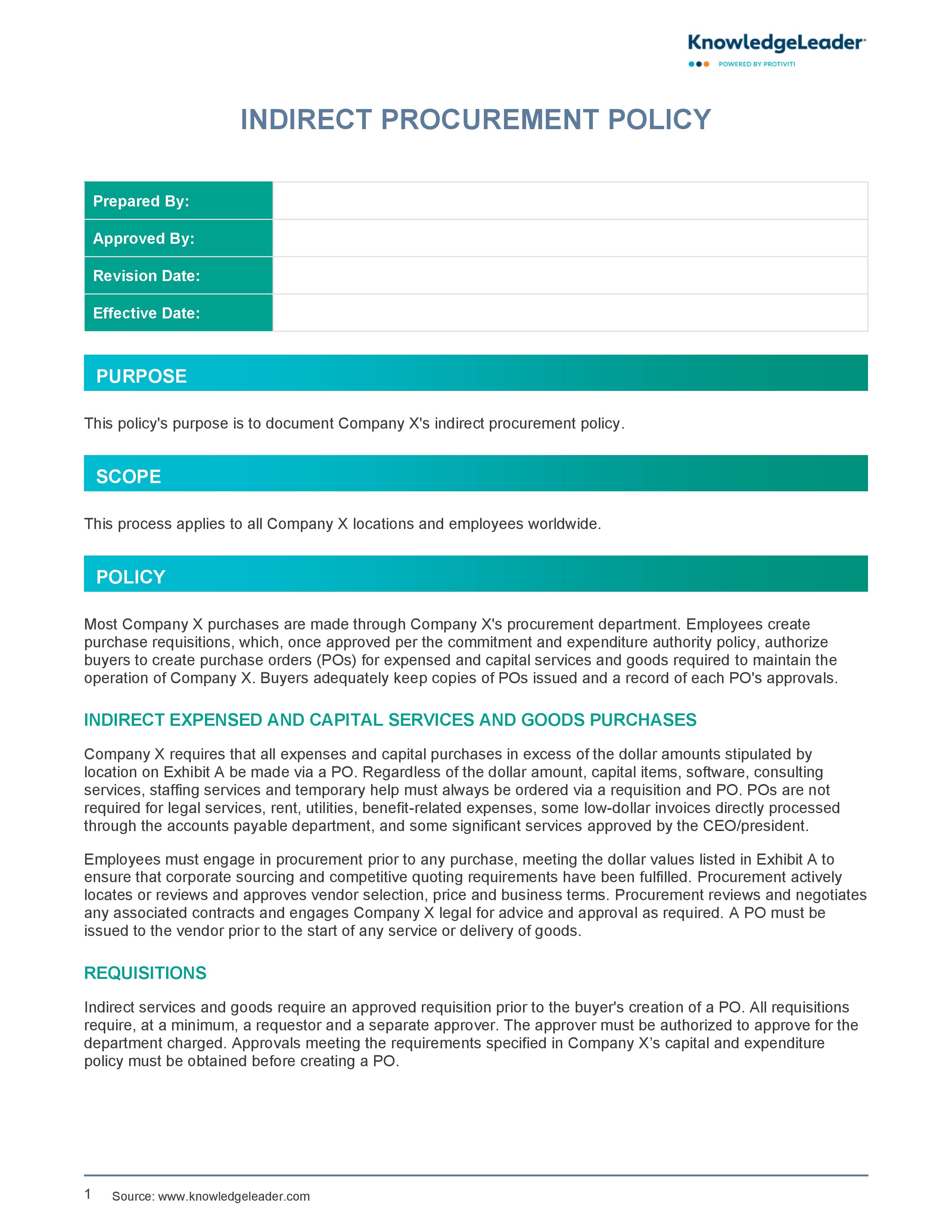 Screenshot of the first page of Indirect Procurement Policy