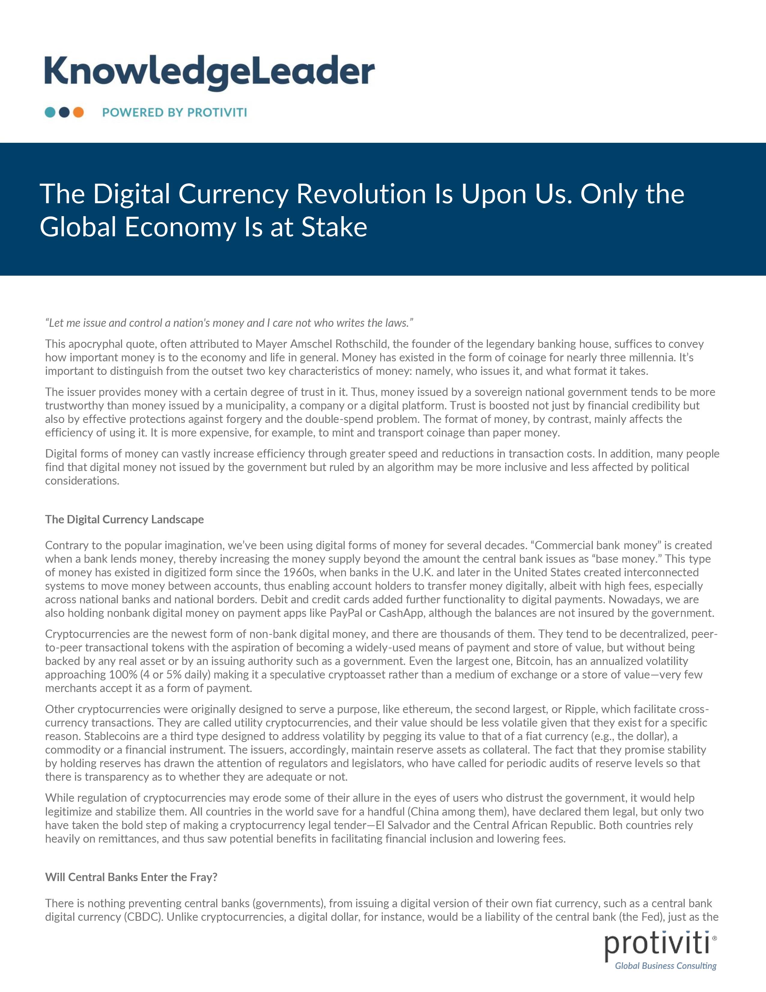 Screenshot of the first page of The Digital Currency Revolution Is Upon Us. Only the Global Economy Is at Stake