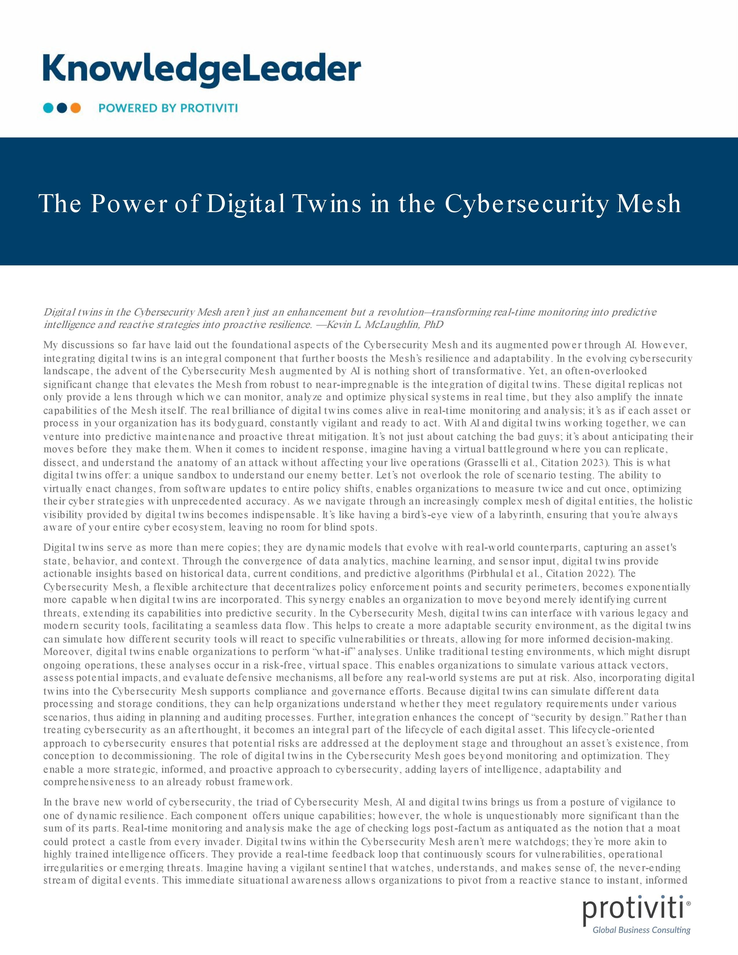 screenshot of the first page of The Power of Digital Twins in the Cybersecurity Mesh