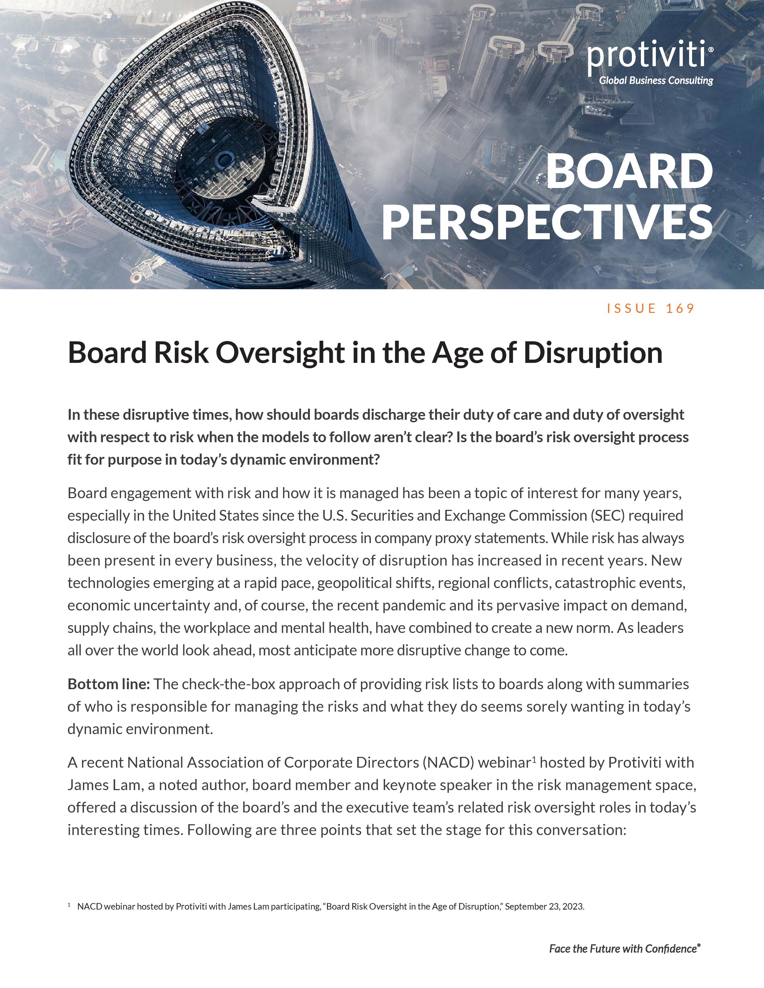 Screenshot of the page of Board Risk Oversight in the Age of Disruption