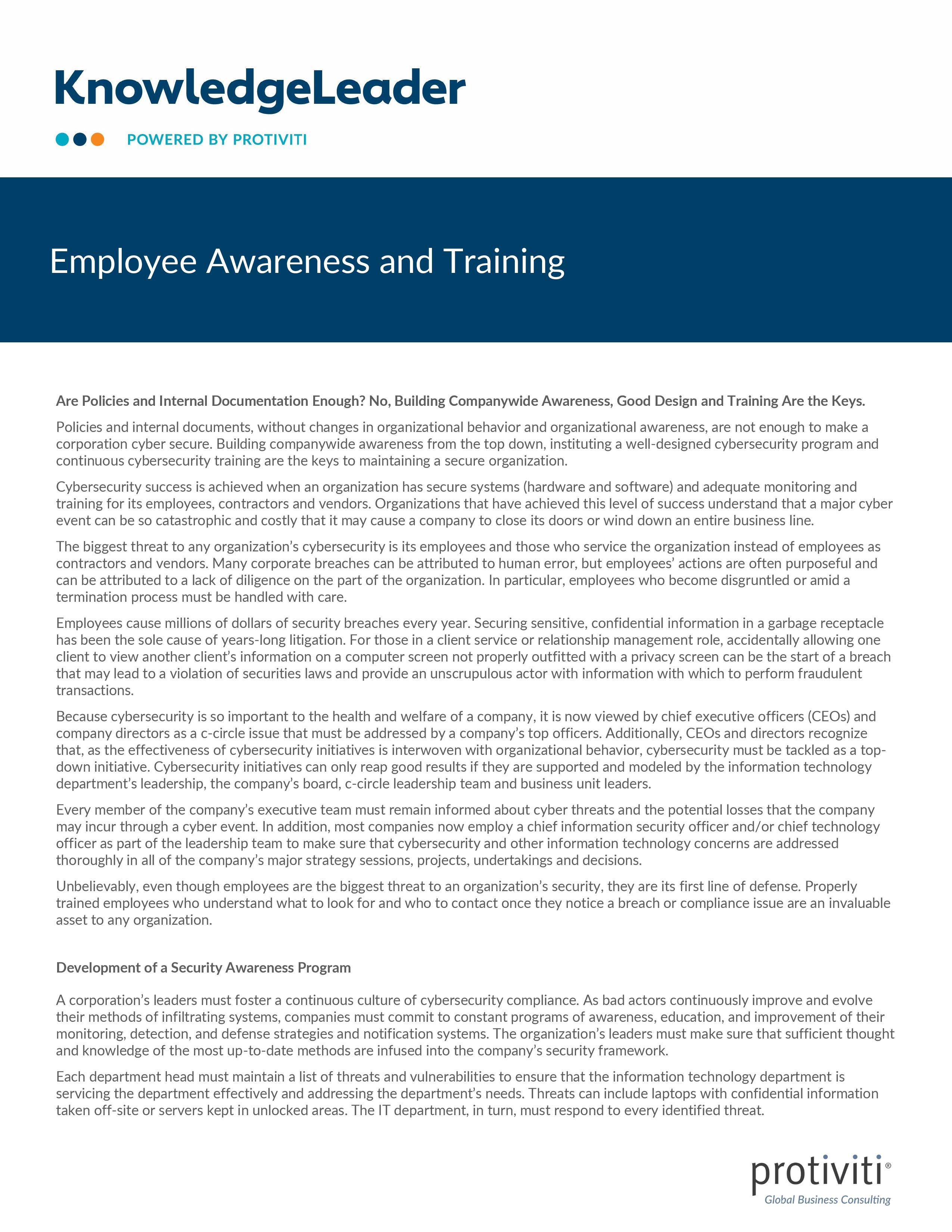 screenshot of the first page of Employee Awareness and Training