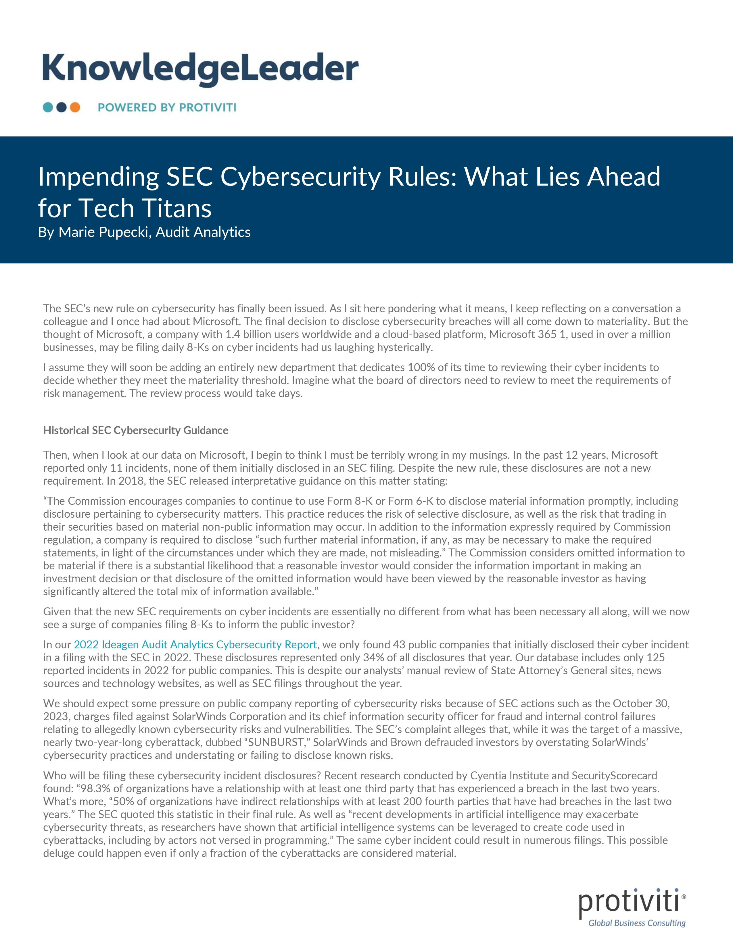 Screenshot of the first page of Impending SEC Cybersecurity Rules What Lies Ahead for Tech Titans