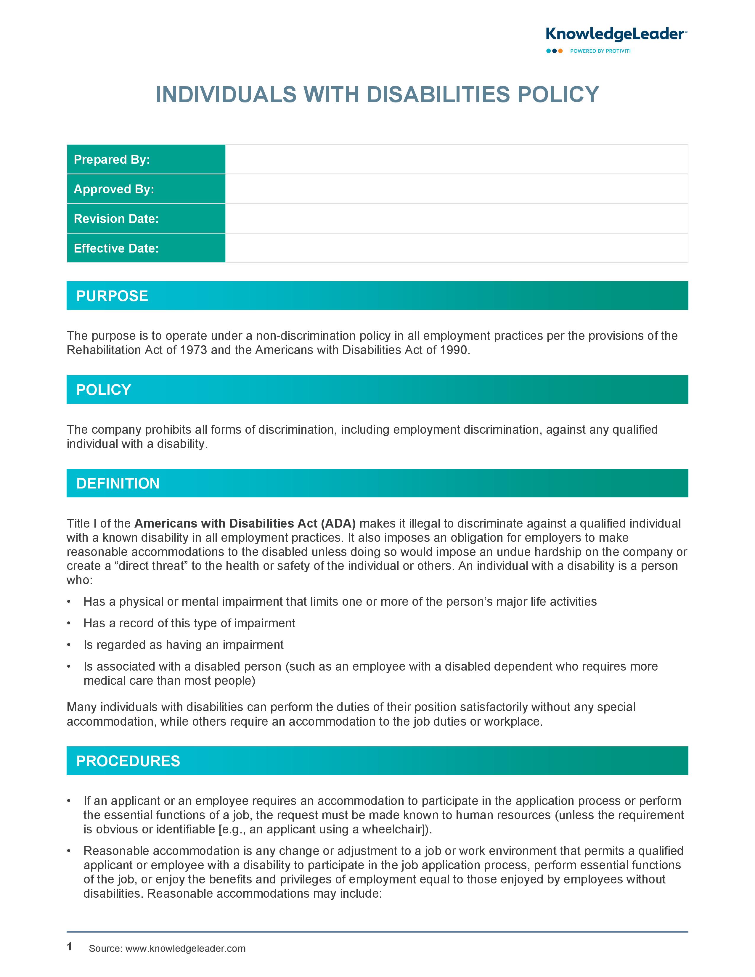 Screenshot of the first page of Individuals With Disabilities Policy