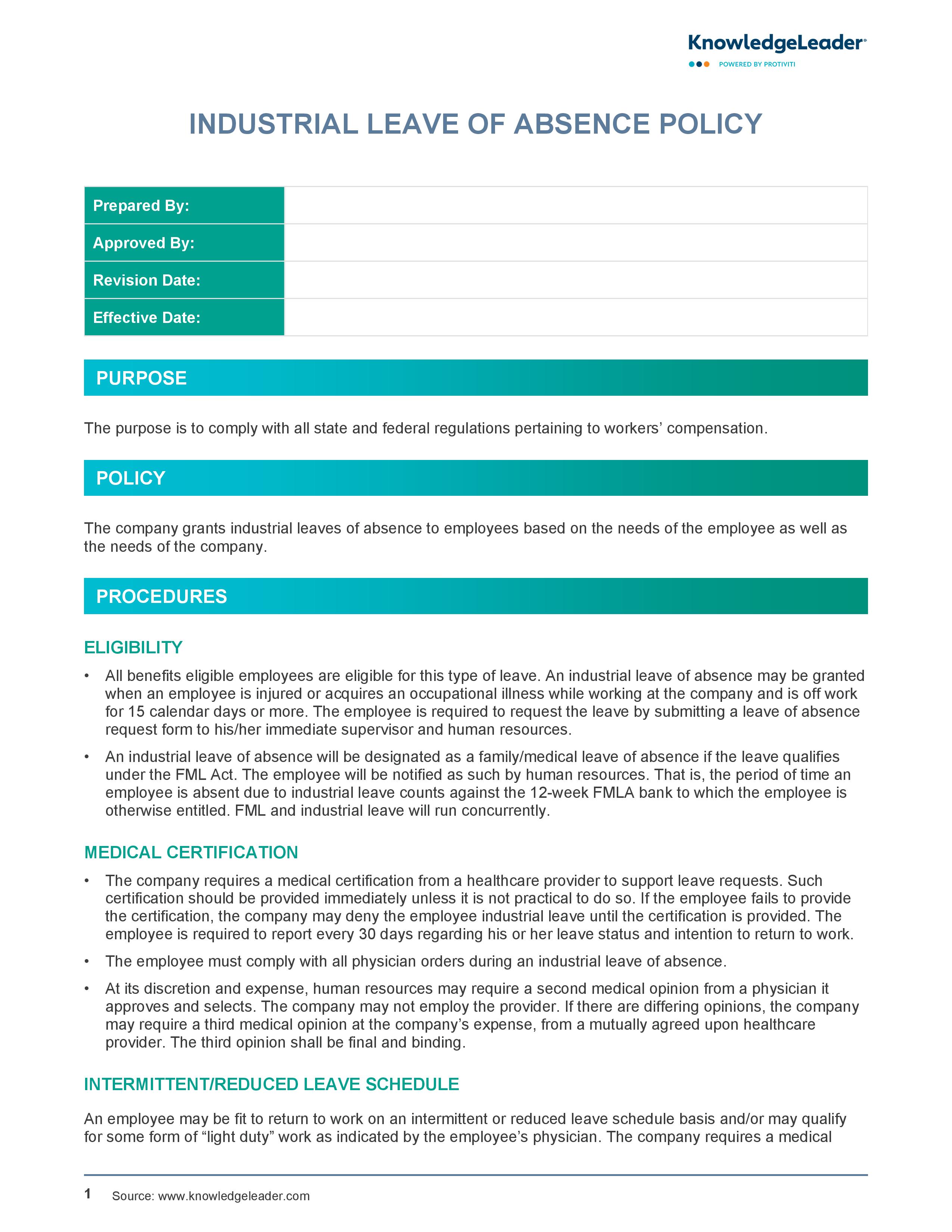 Screenshot of the first page of Industrial Leave of Absence Policy