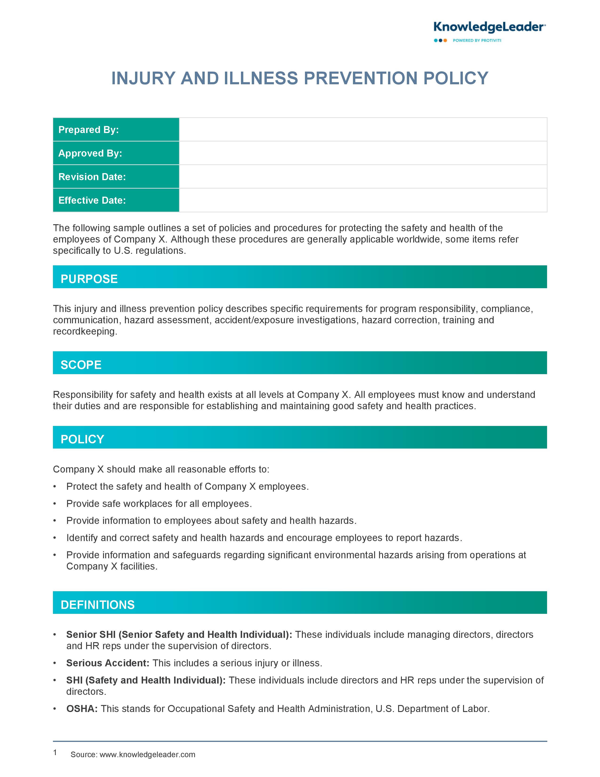 Screenshot of the first page of Injury and Illness Prevention Policy