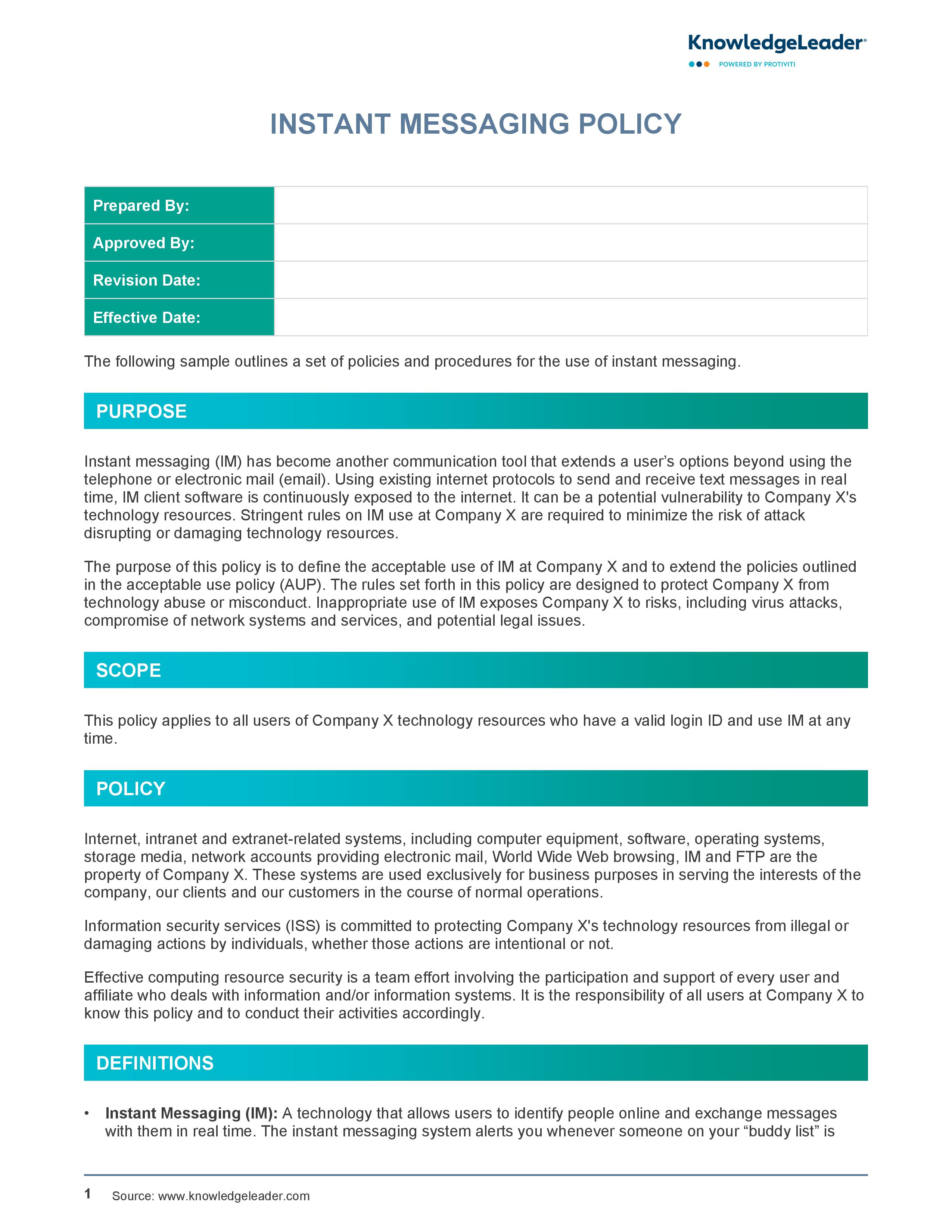 screenshot of the first page of Instant Messaging Policy