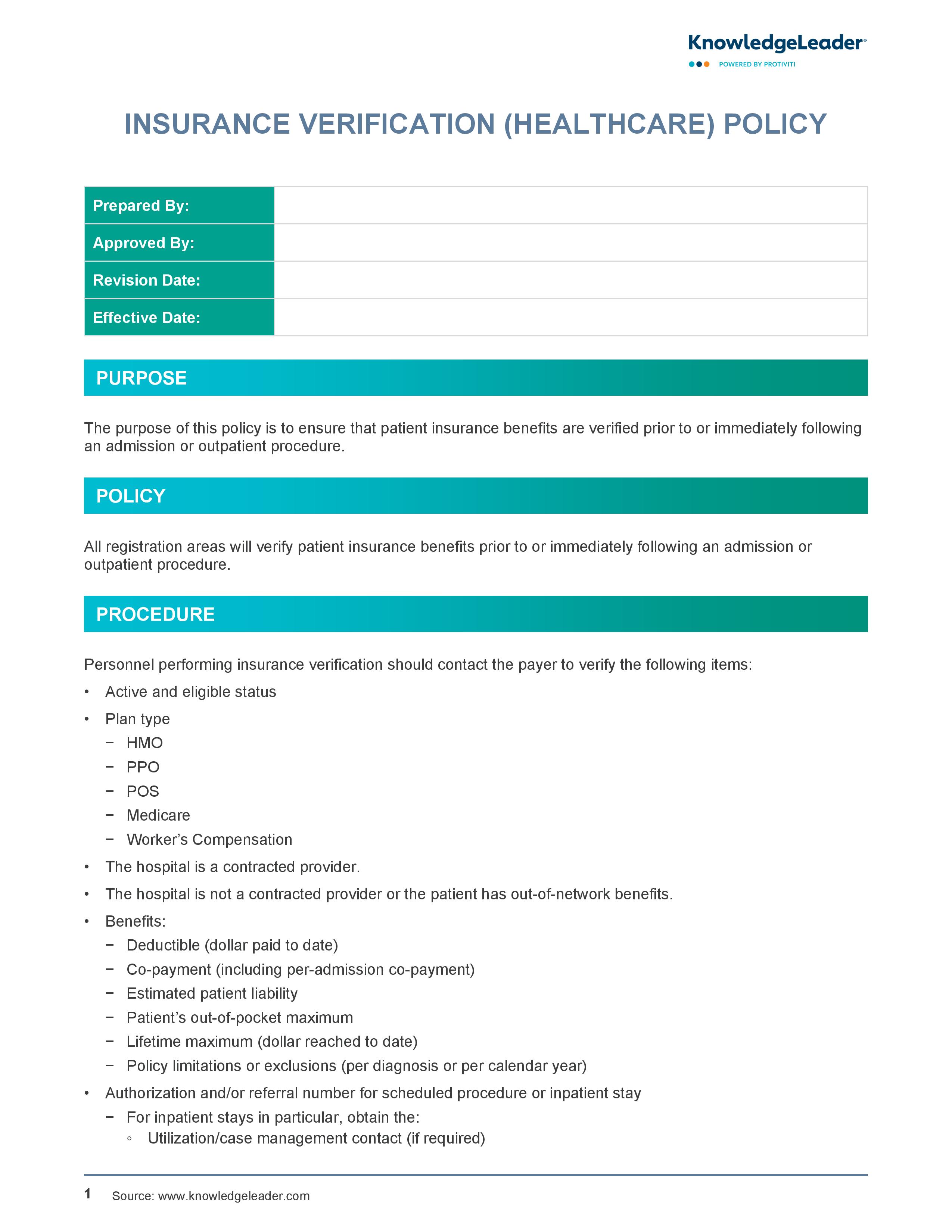 screenshot of the first page of Insurance Verification (Healthcare) Policy