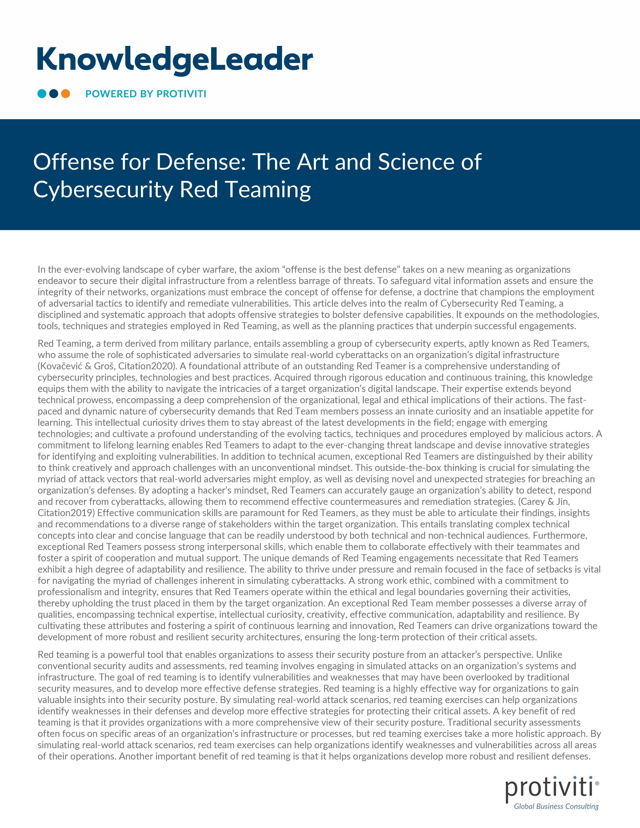 screenshot of the first page of Offense for Defense The Art and Science of Cybersecurity Red Teaming