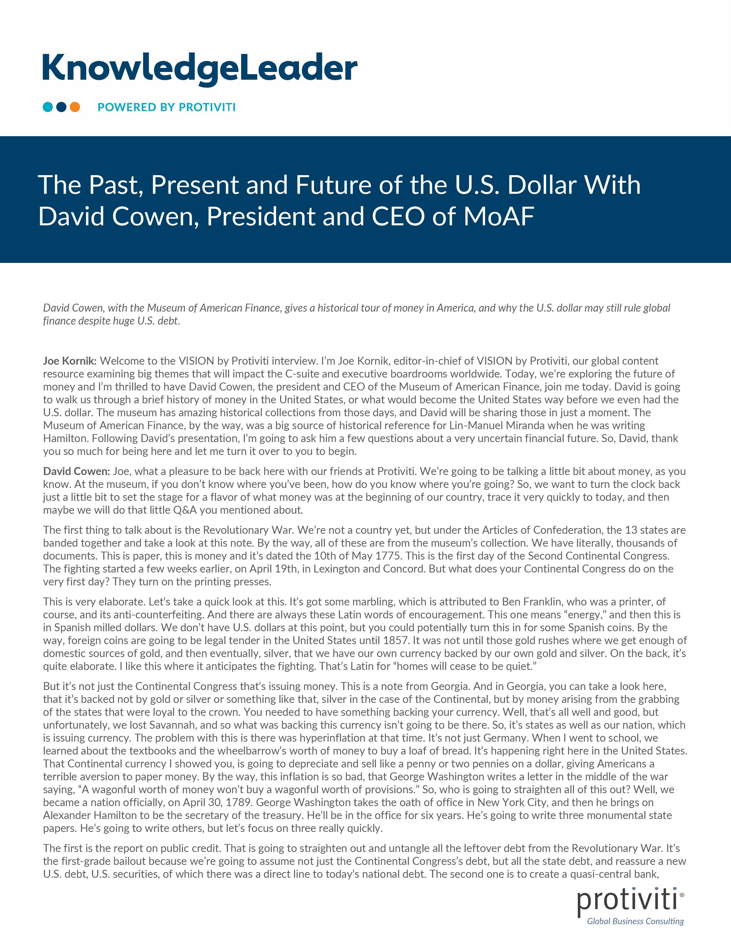 screenshot of the first page of The Past, Present and Future of the U.S. Dollar With David Cowen, President and CEO of MoAF