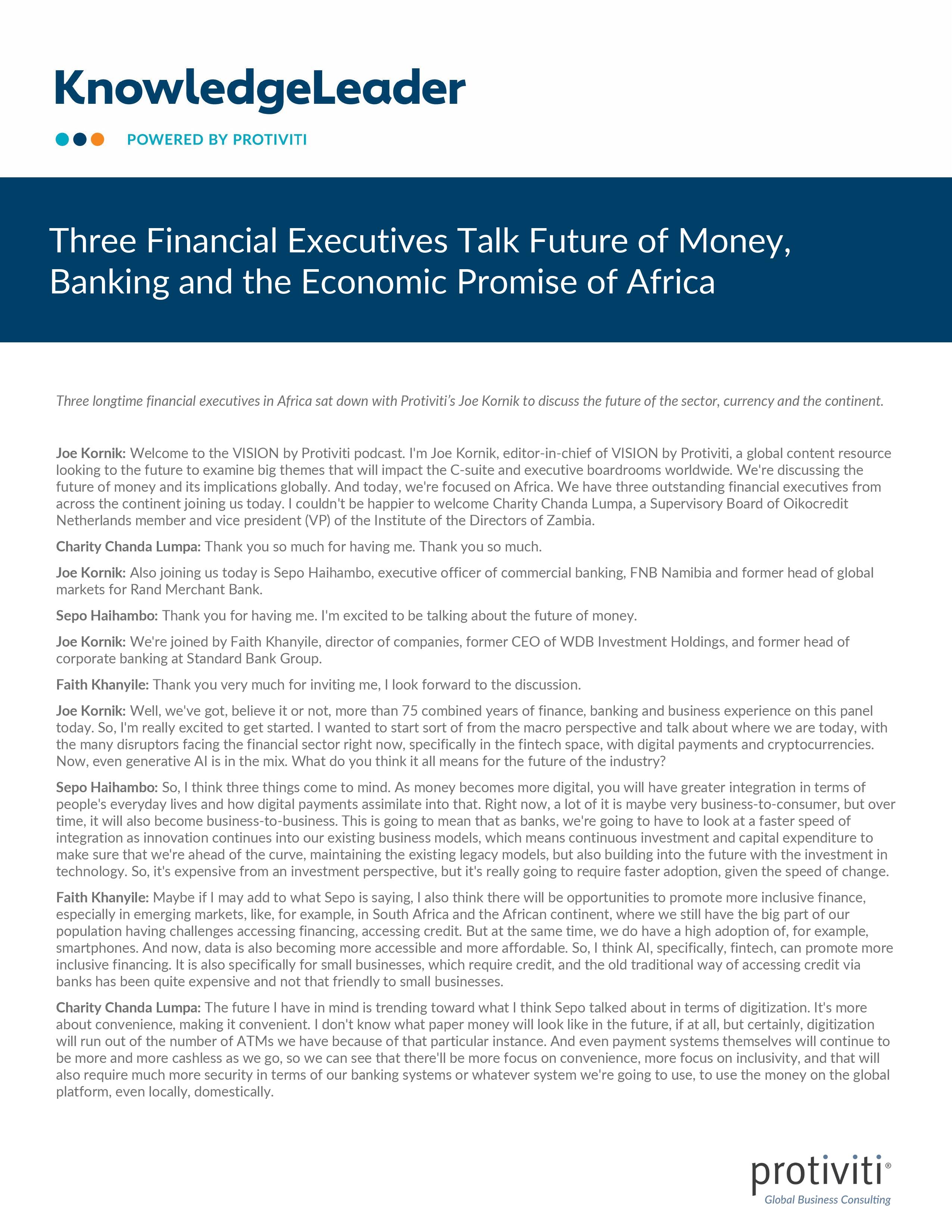 screenshot of the first page of Three Financial Executives Talk Future of Money, Banking and the Economic Promise of Africa