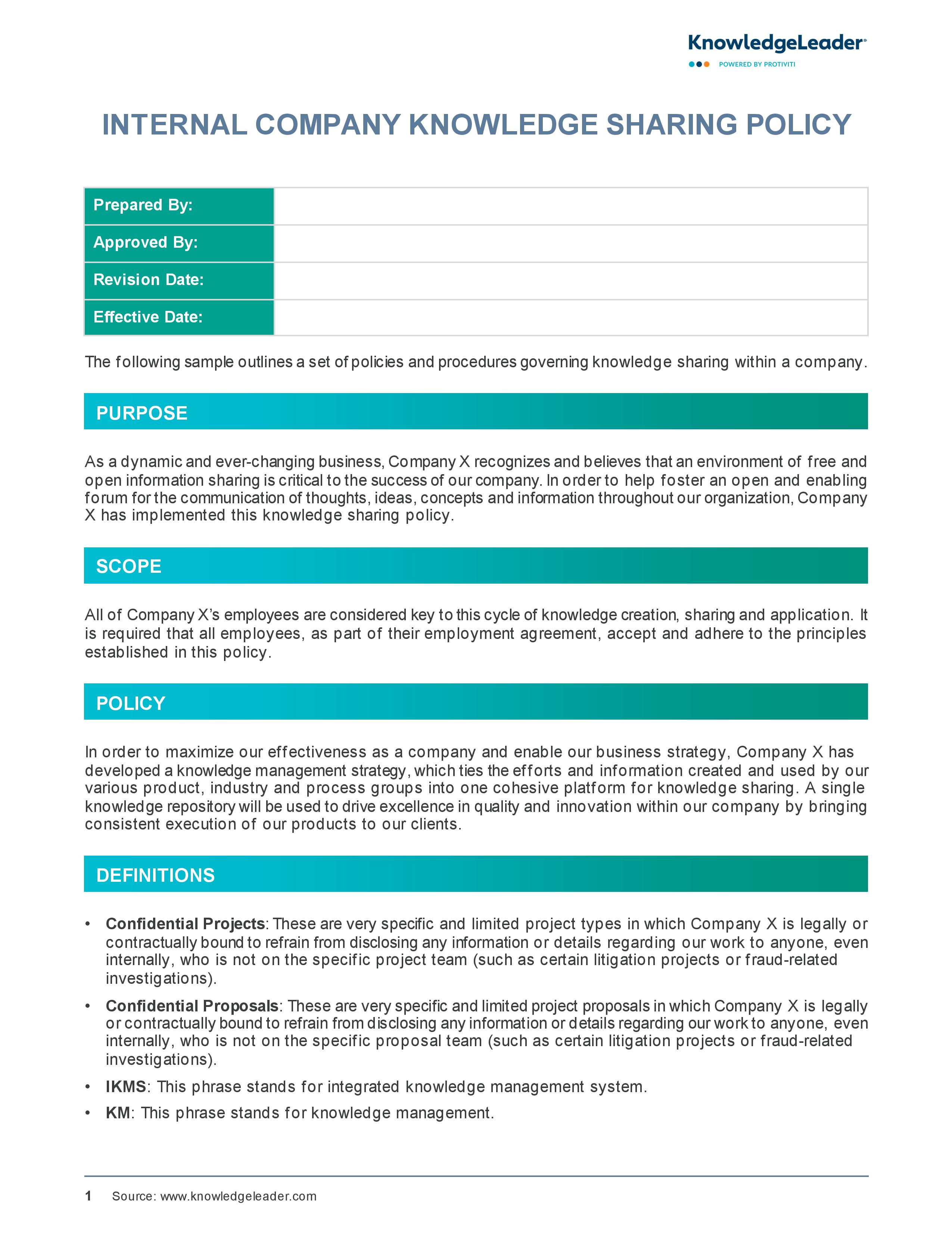 screenshot of the first page of Internal Company Knowledge Sharing Policy