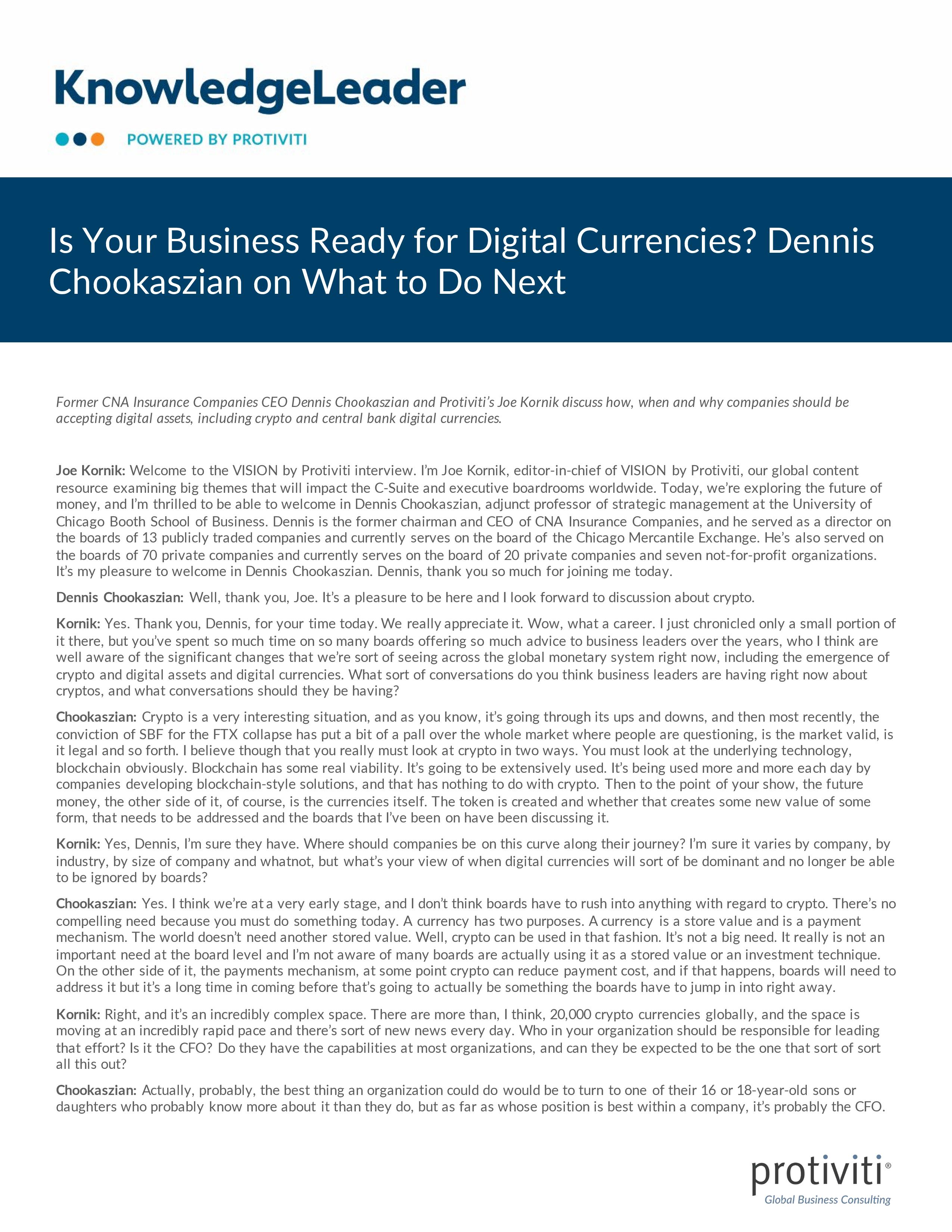 screenshot of the first page of Is Your Business Ready for Digital Currencies Dennis Chookaszian on What to Do Next