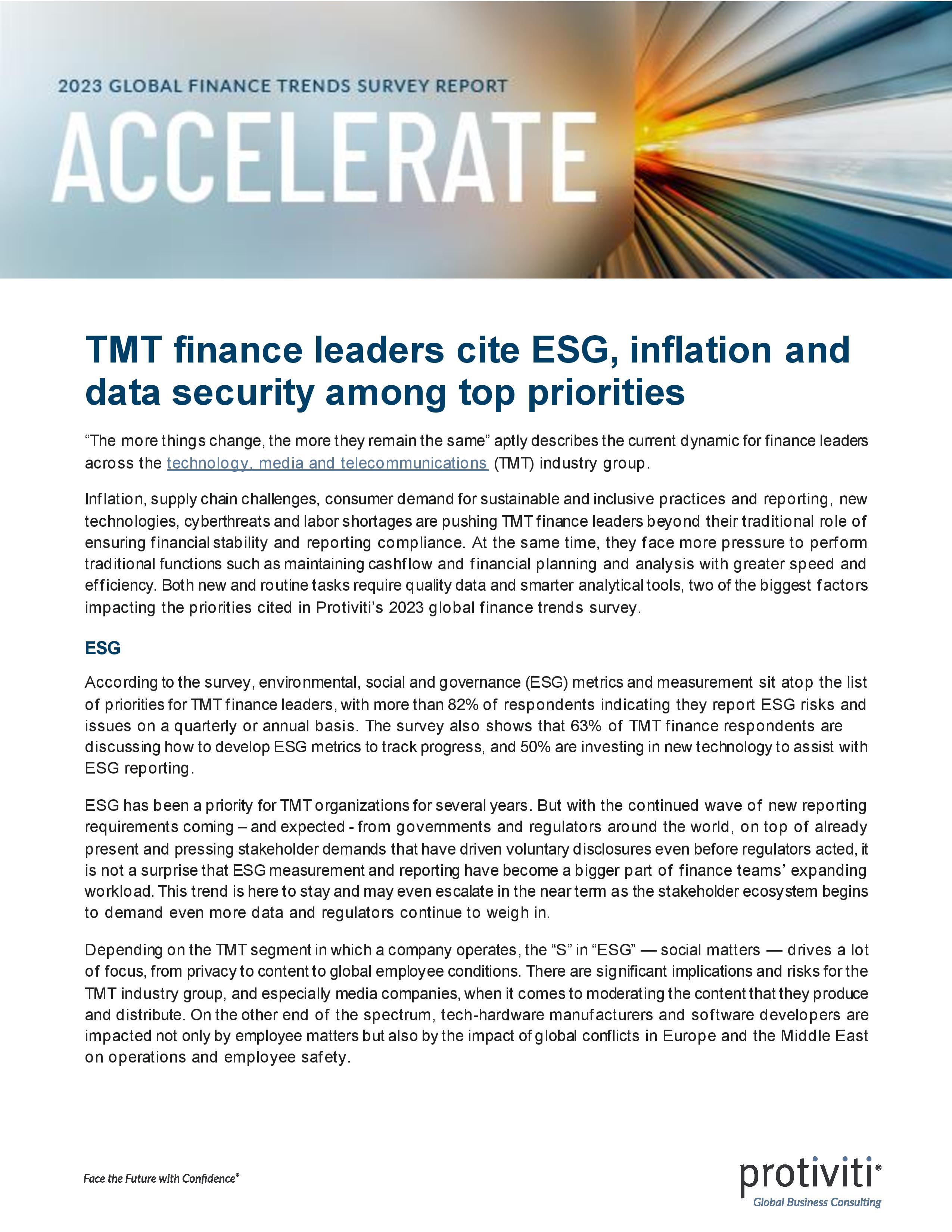screenshot of the first page of TMT Finance Leaders Cite ESG, Inflation and Data Security Among Top Priorities