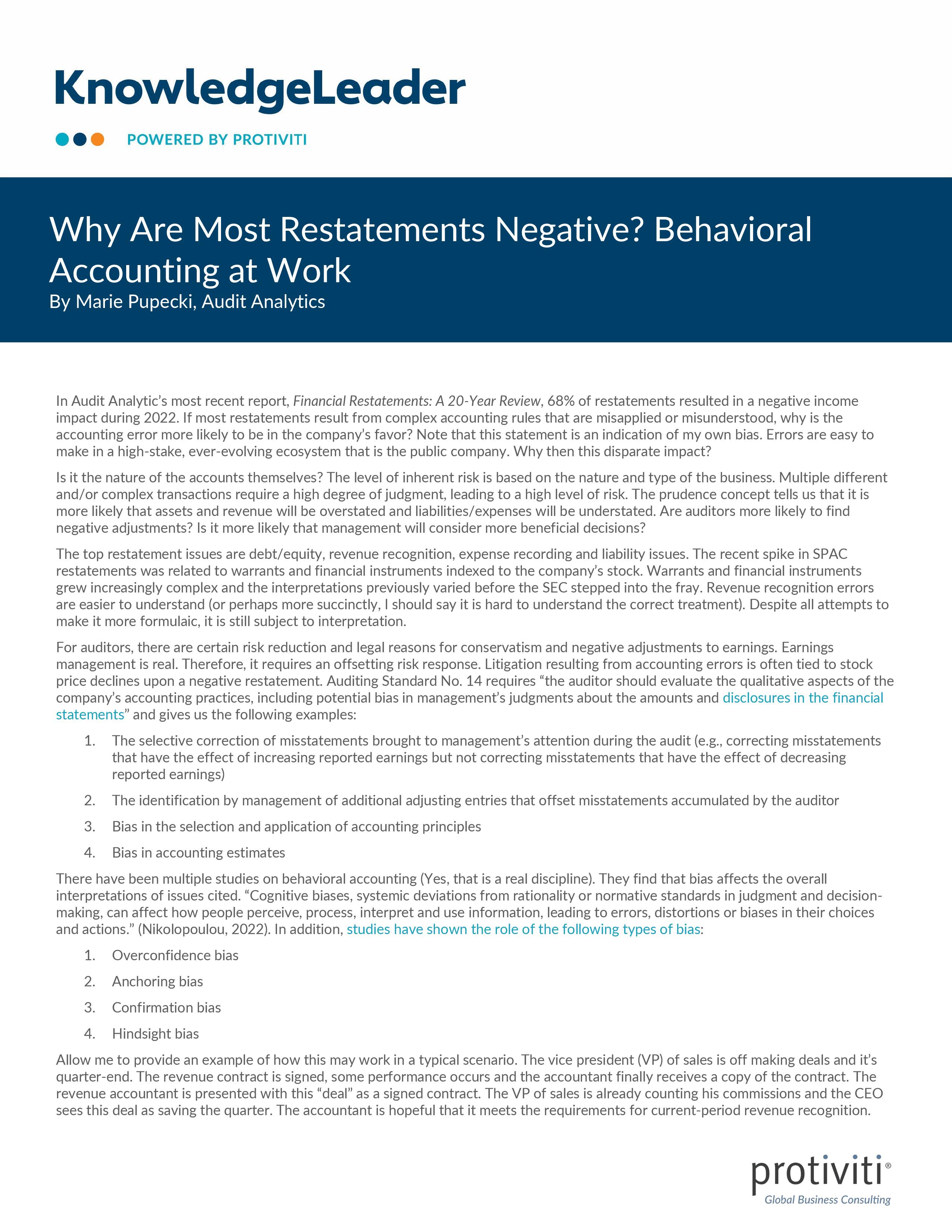 screenshot of the first page of Why Are Most Restatements Negative Behavioral Accounting at Work