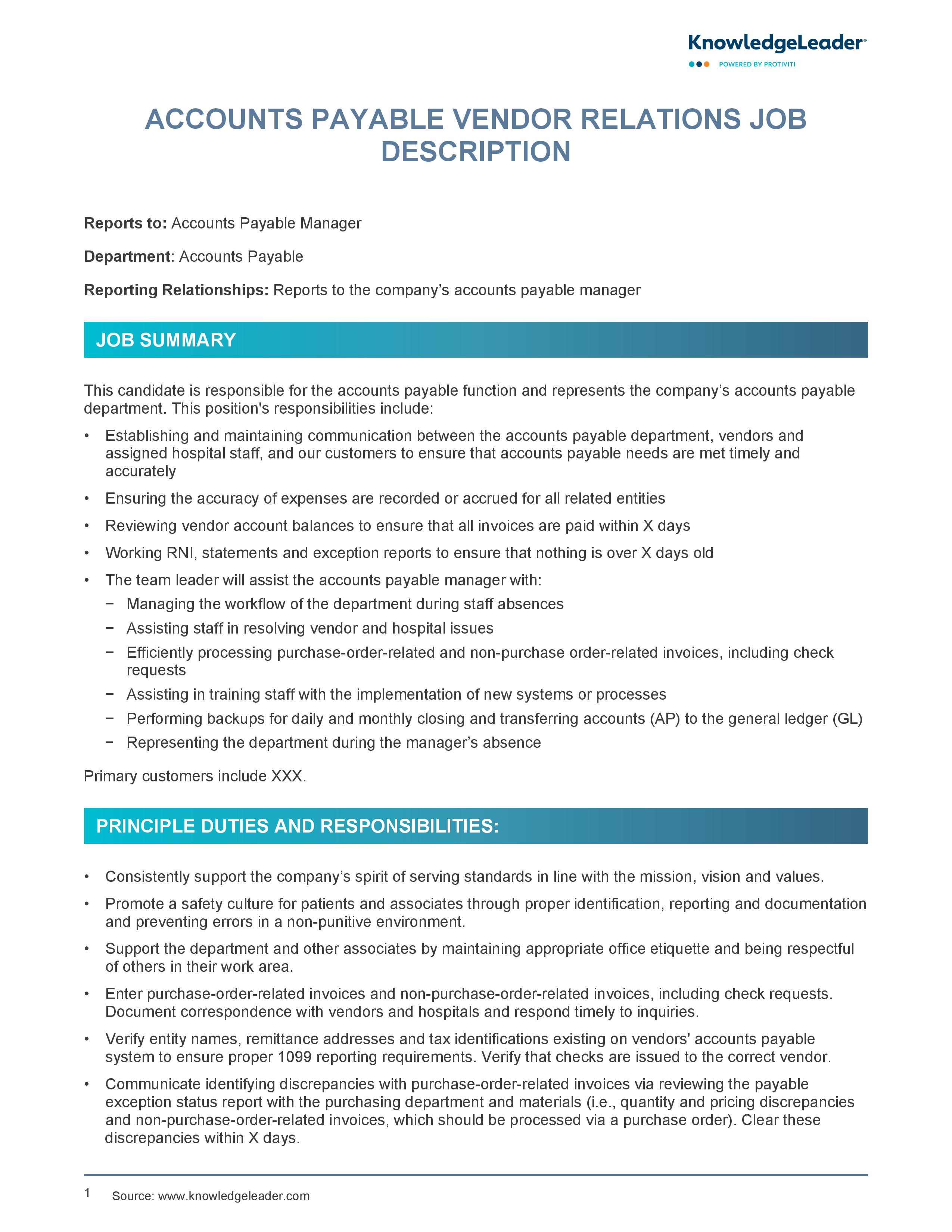 screenshot of the first page of Accounts Payable Vendor Relations Job Description