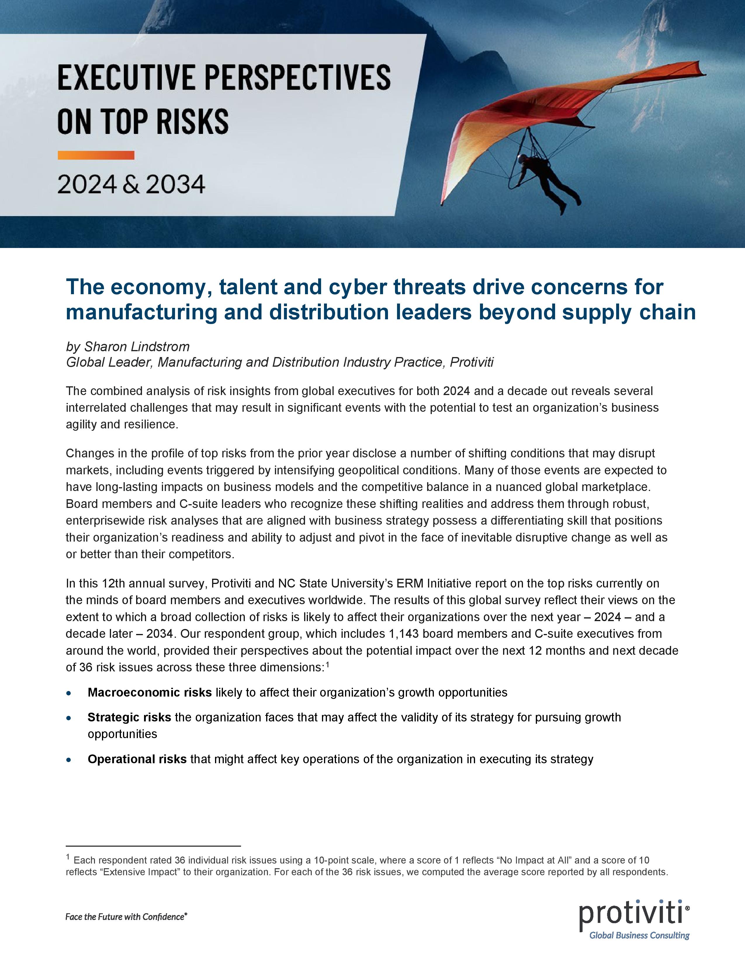 screenshot of the first page of Executive Perspectives on Top Risks for 2024 Manufacturing and Distribution Industry Group Results