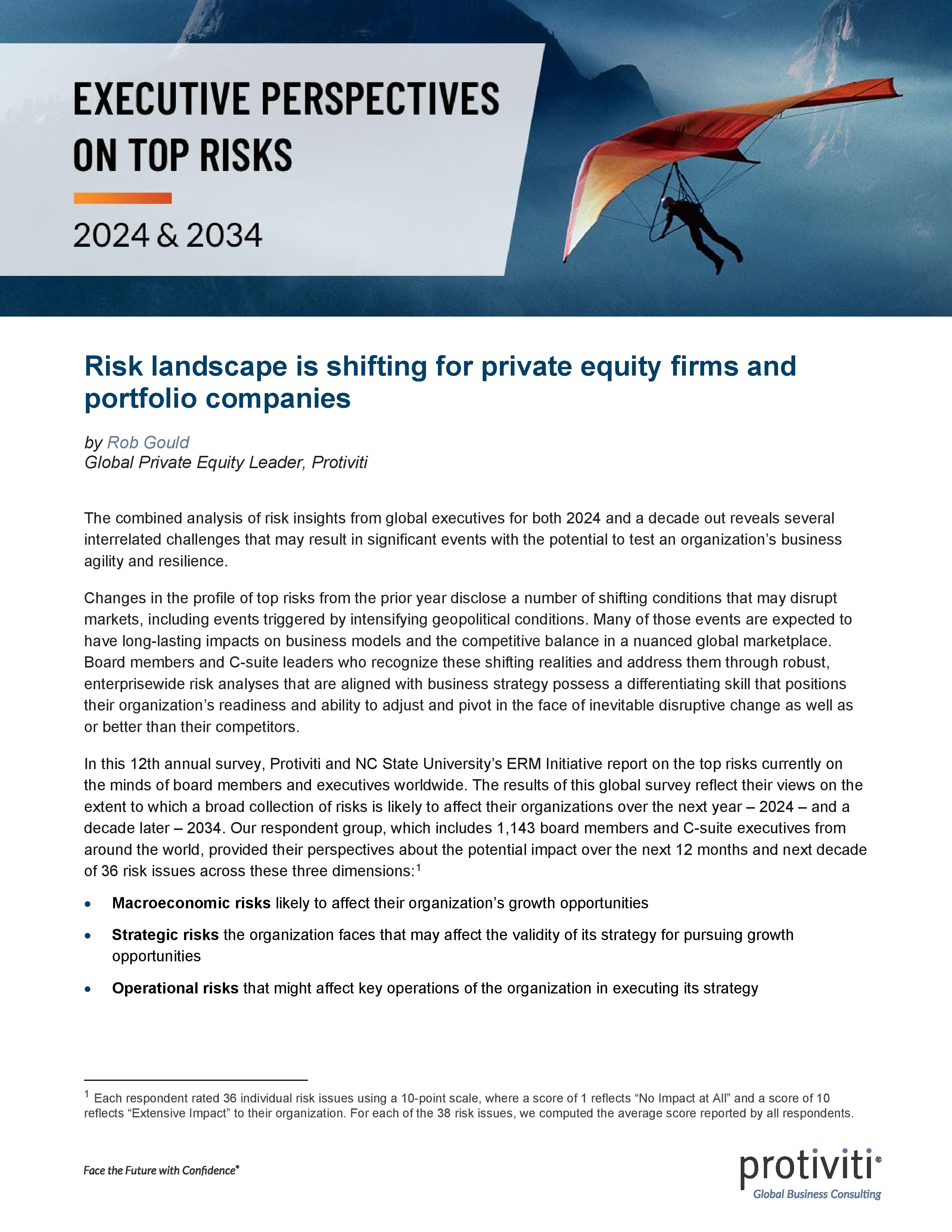screenshot of the first page of Executive Perspectives on Top Risks for 2024 Private Equity Industry Results