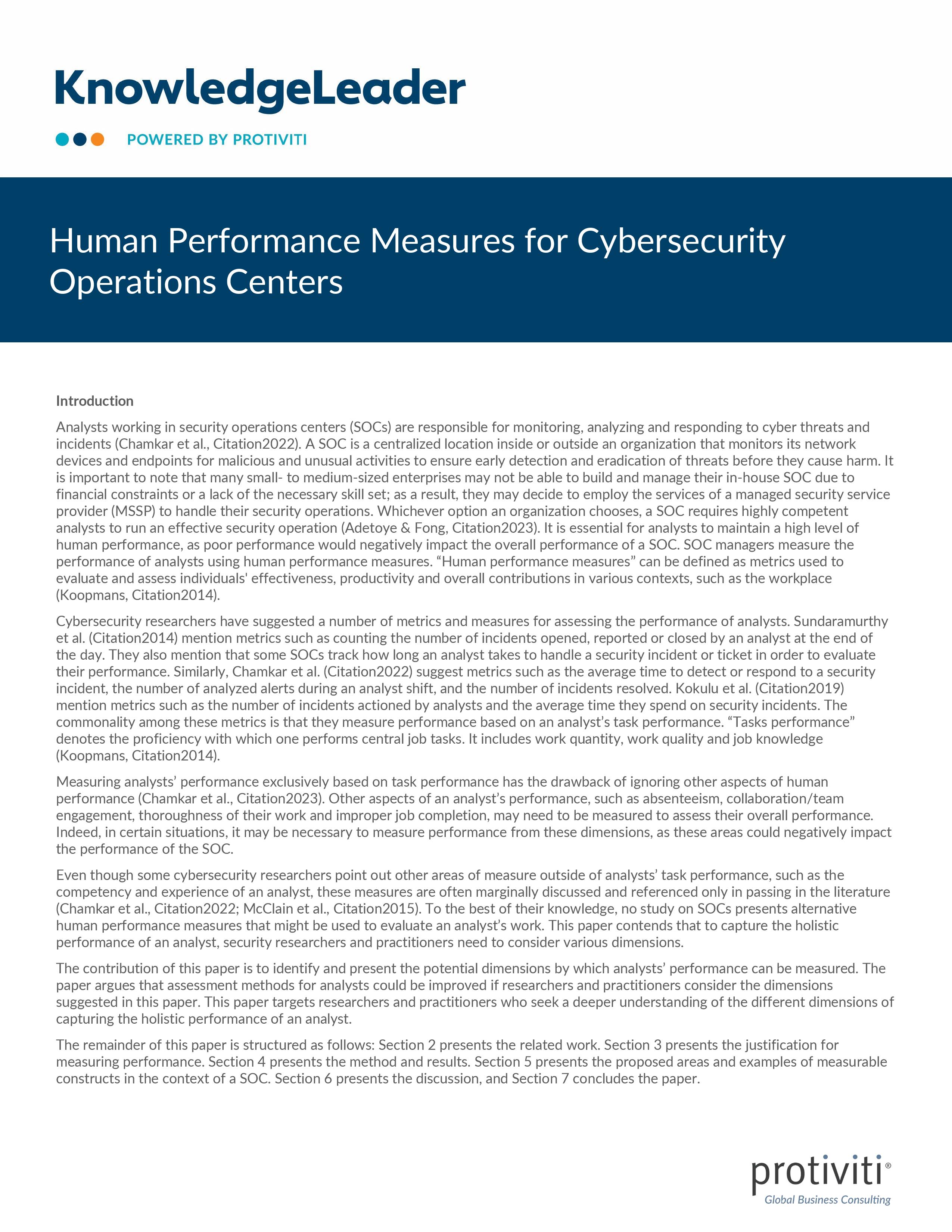 screenshot of the first page of Human Performance Measures for Cybersecurity Operations Centers