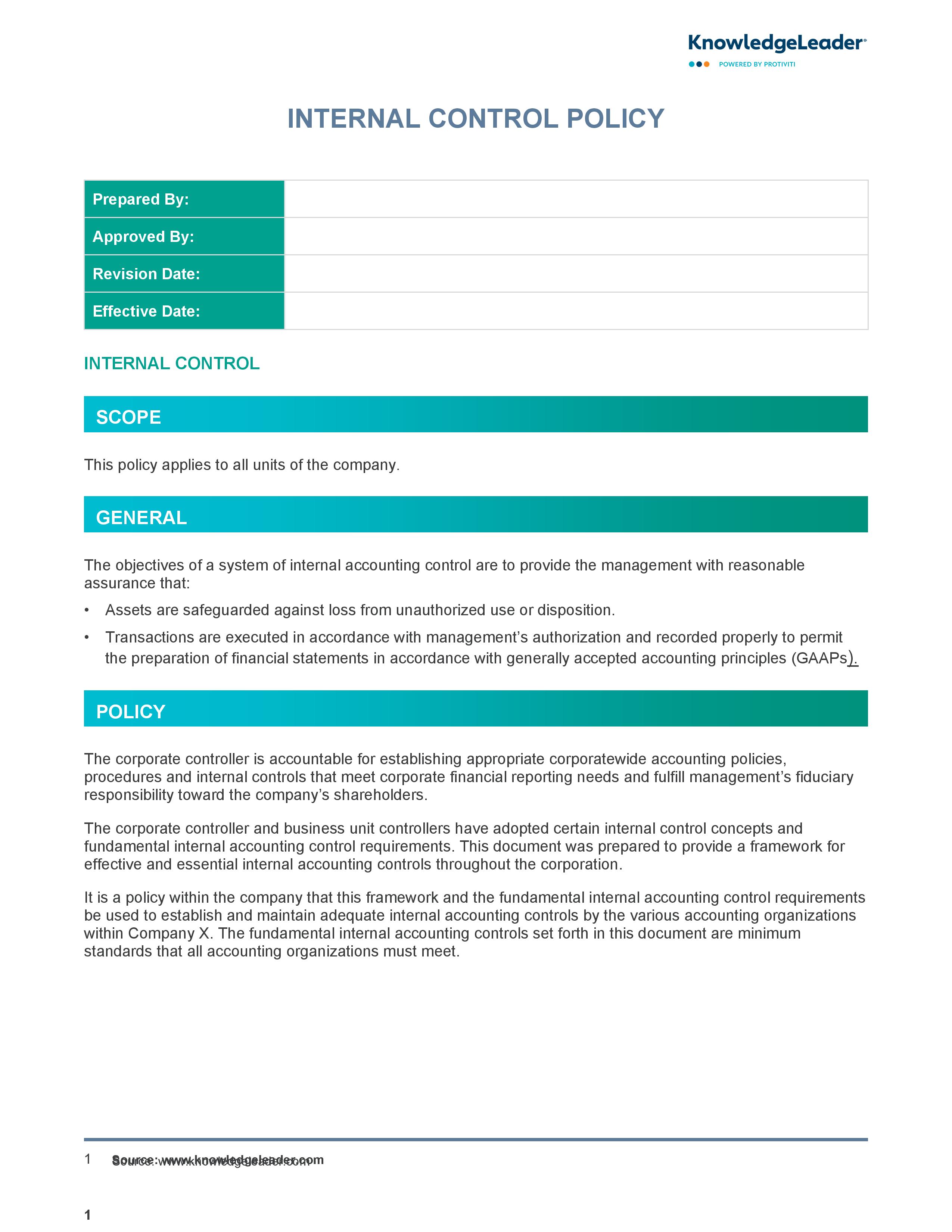 screenshot of the first page of Internal Control Policy