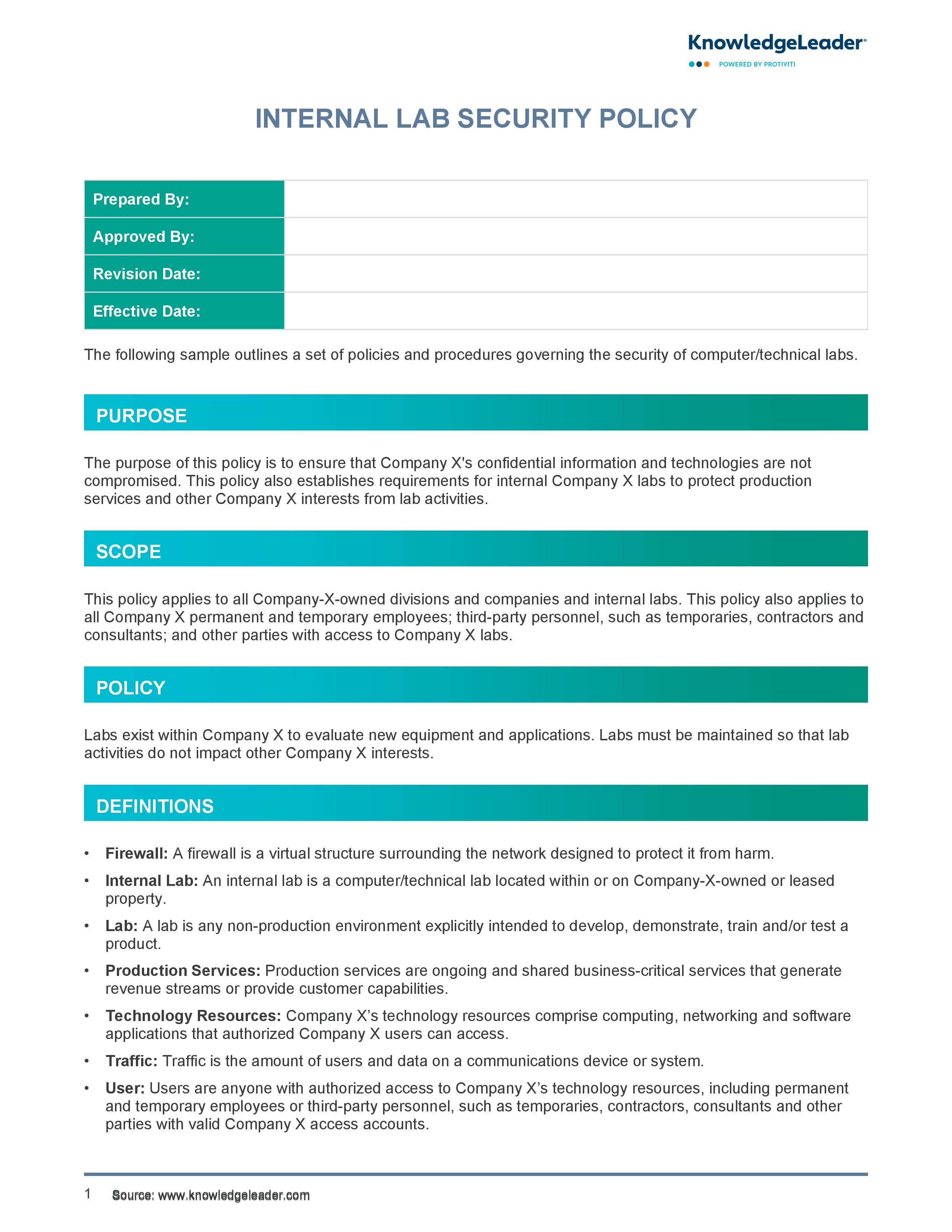 screenshot of the first page of Internal Lab Security Policy