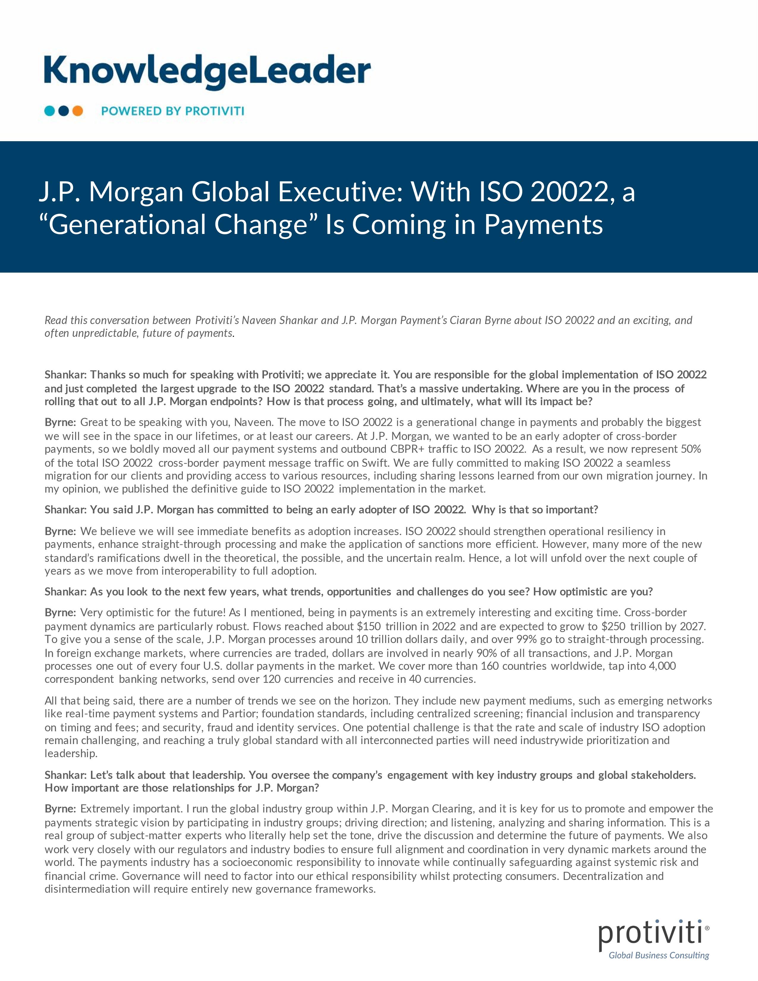 screenshot of the first page of J.P. Morgan Global Executive With ISO 20022, a “Generational Change” Is Coming in Payments