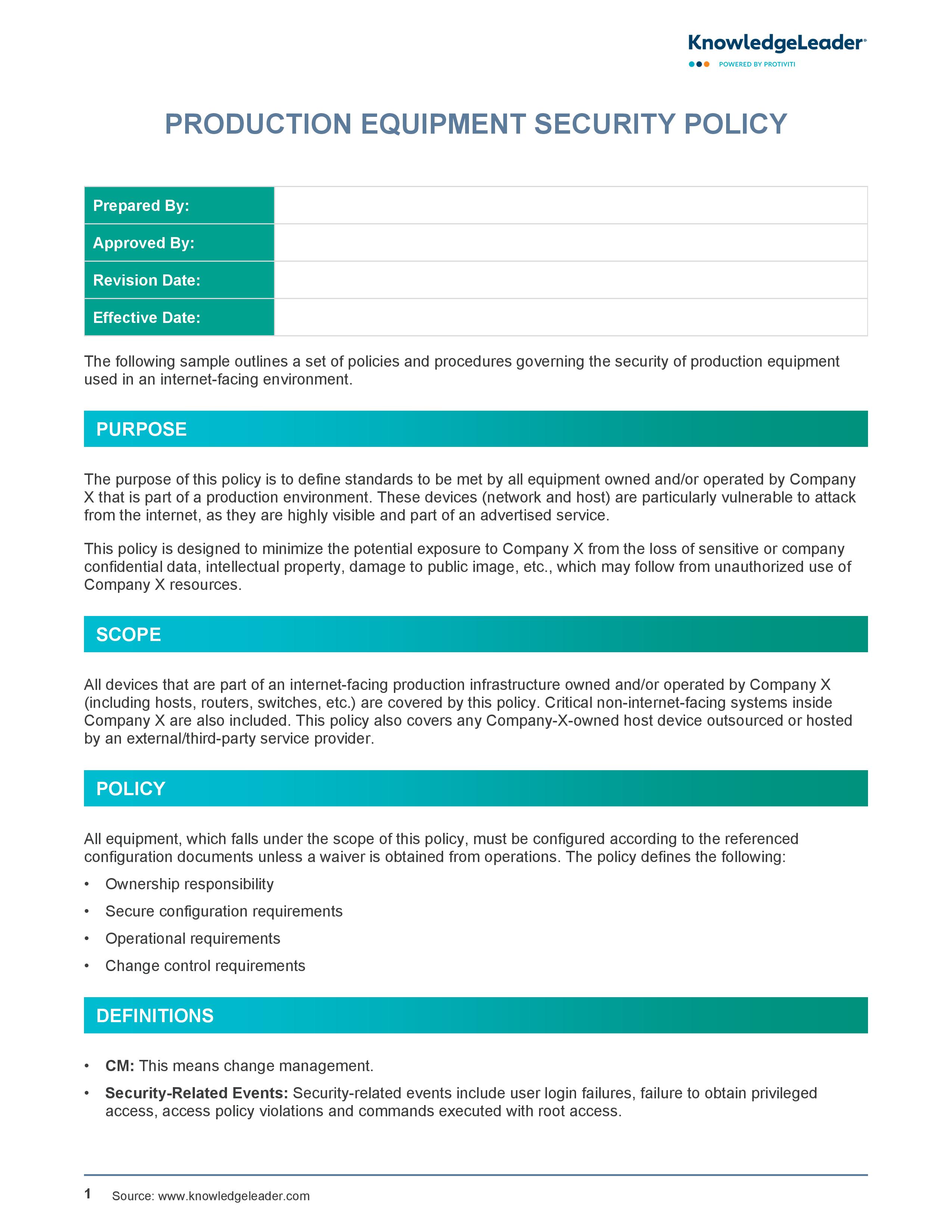 screenshot of the first page of the Production Equipment Security Policy