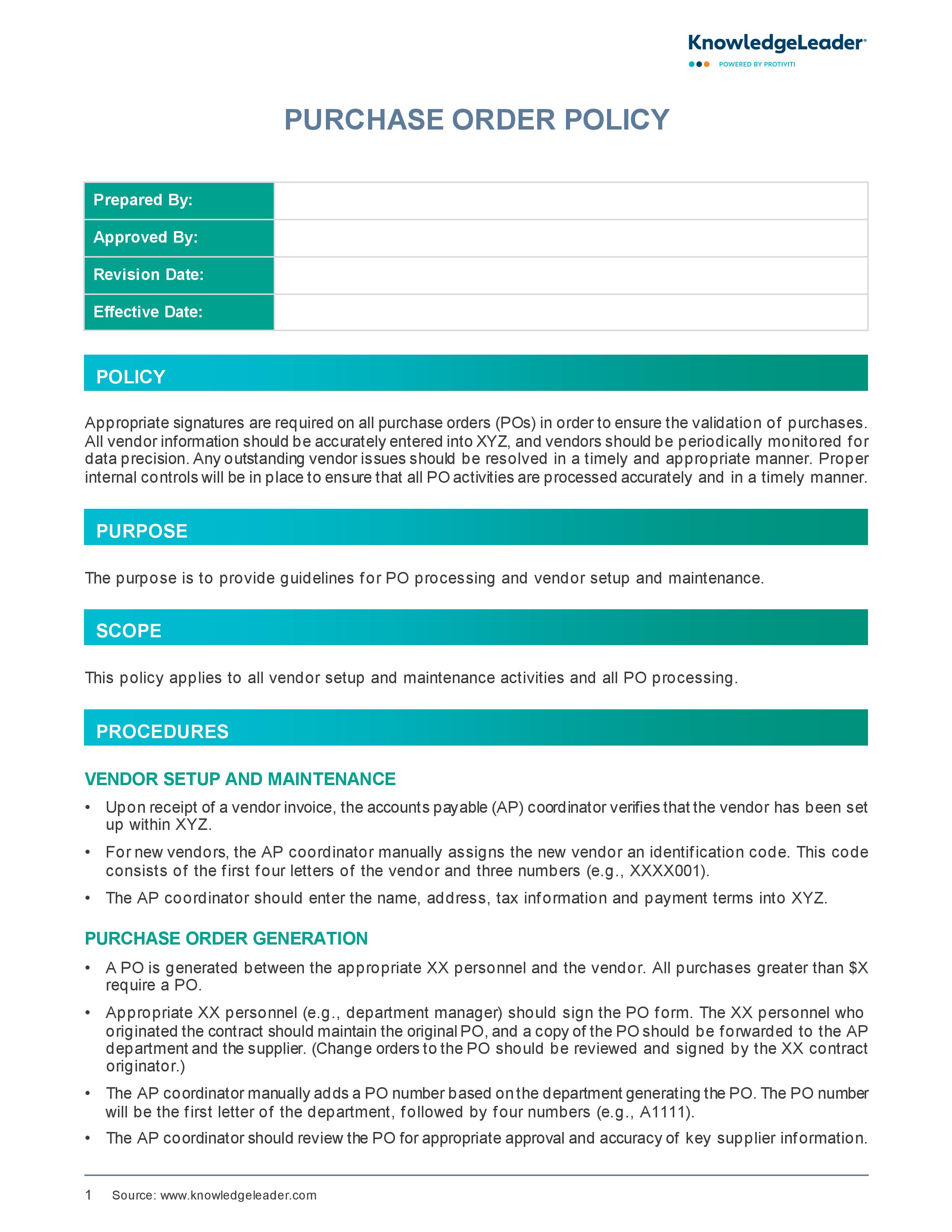 screenshot of the first page of Purchase Order Policy and Procedures