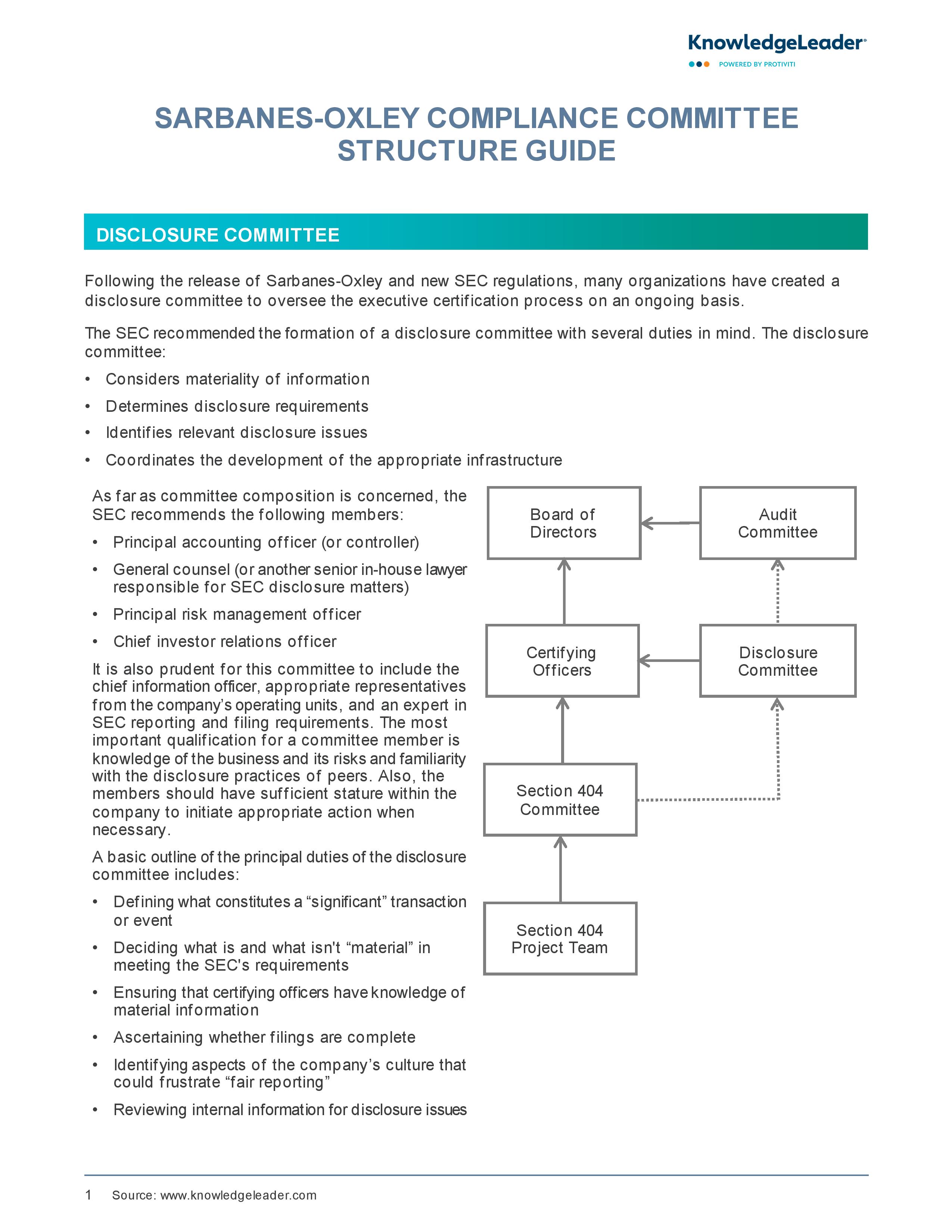 screenshot of the first page of Sarbanes-Oxley Compliance Committee Structure Guide