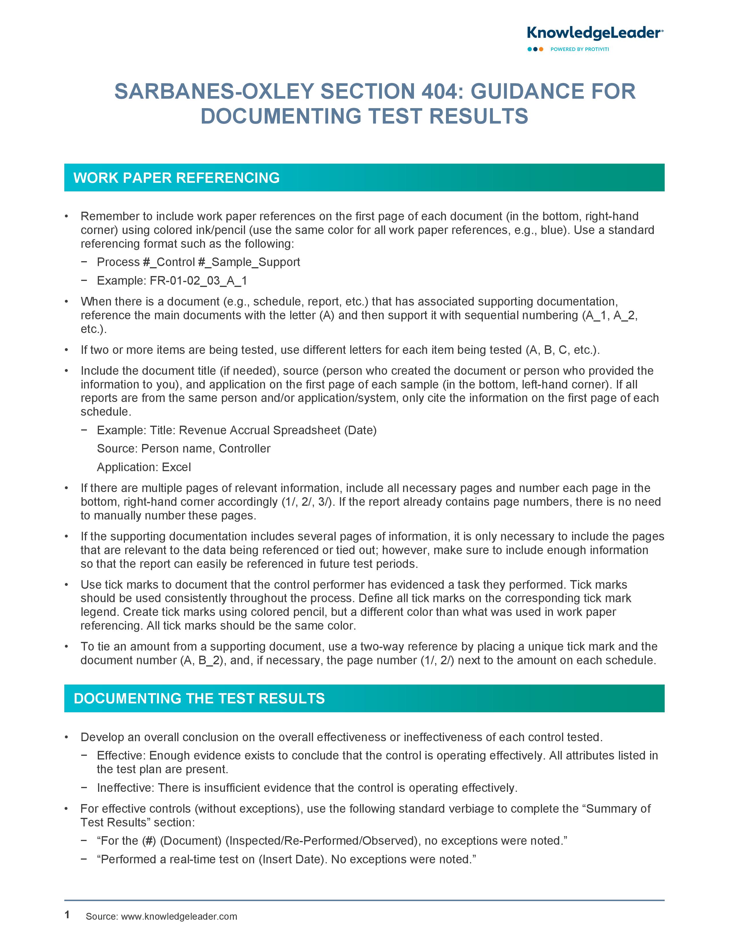 screenshot of the first page of Sarbanes-Oxley Section 404 Guidance for Documenting Test Results.