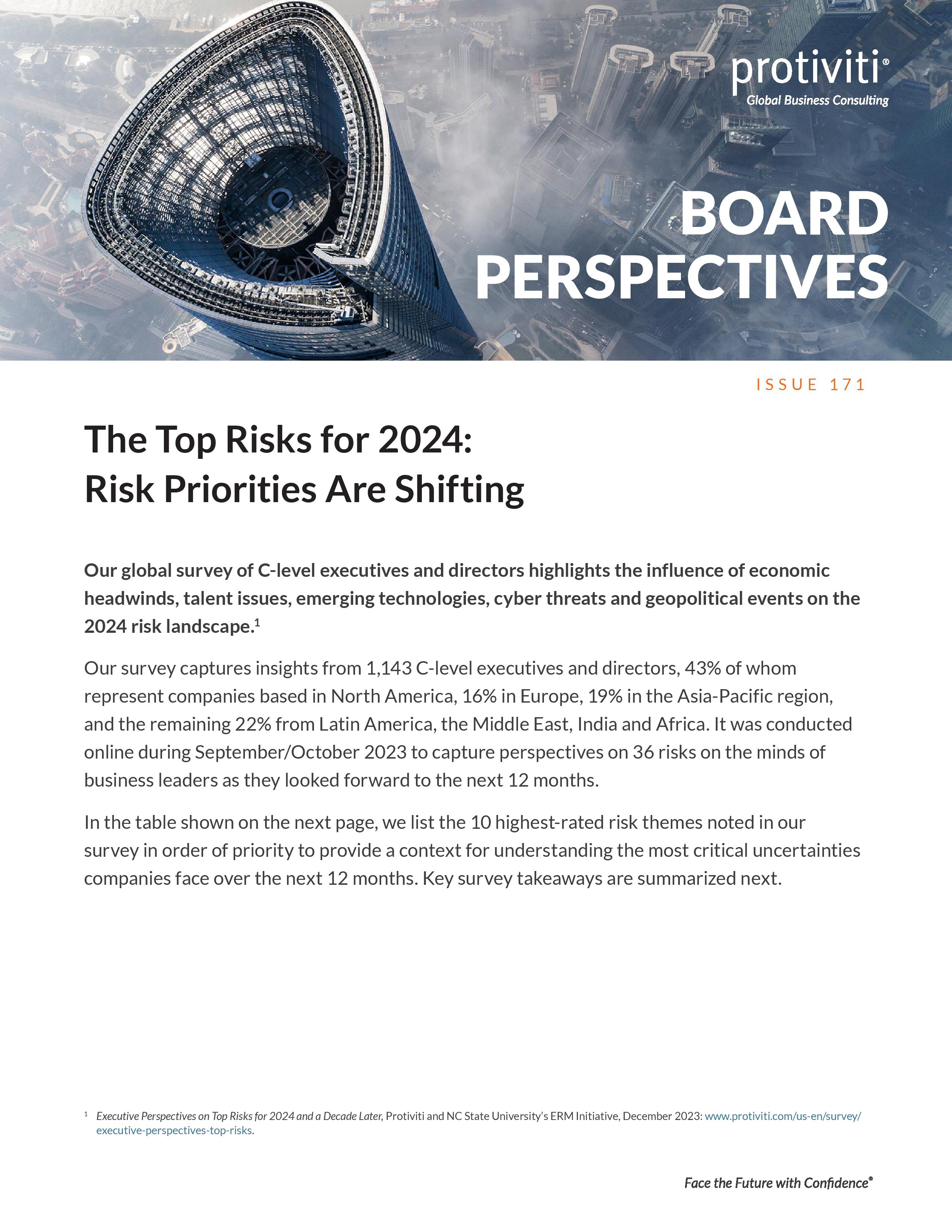 screenshot of the first page of The Top Risks for 2024 Risk Priorities Are Shifting