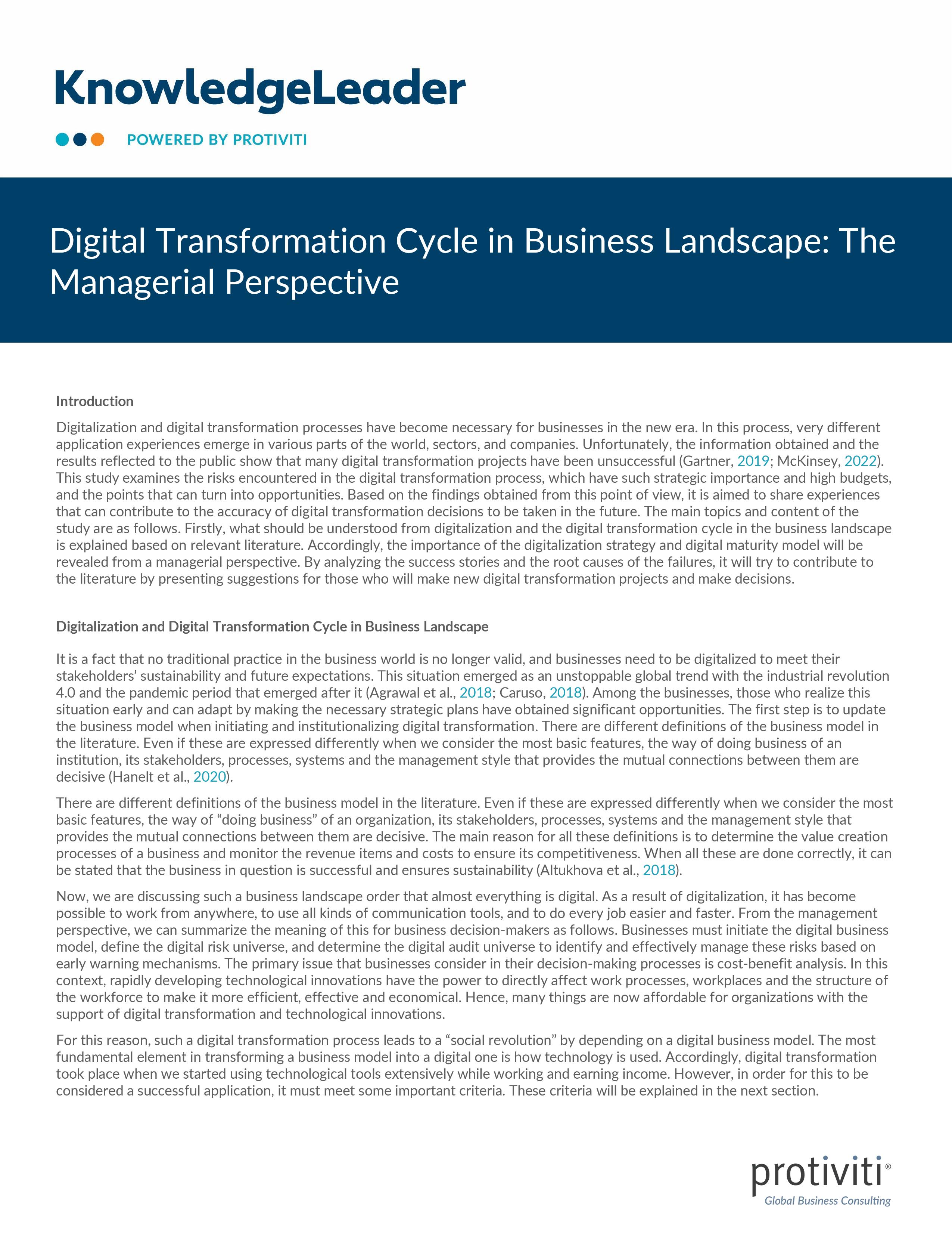 screenshot of the first page of Digital Transformation Cycle in Business Landscape The Managerial Perspective