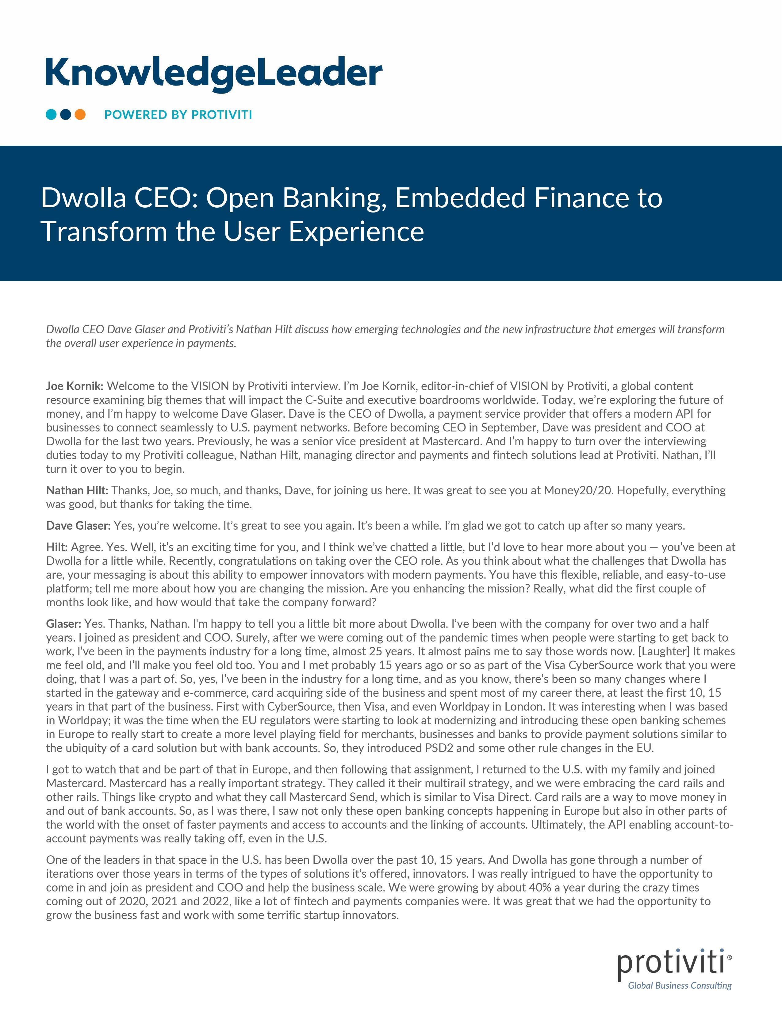 screenshot of the first page of Dwolla CEO - Open Banking, Embedded Finance to Transform the User Experience
