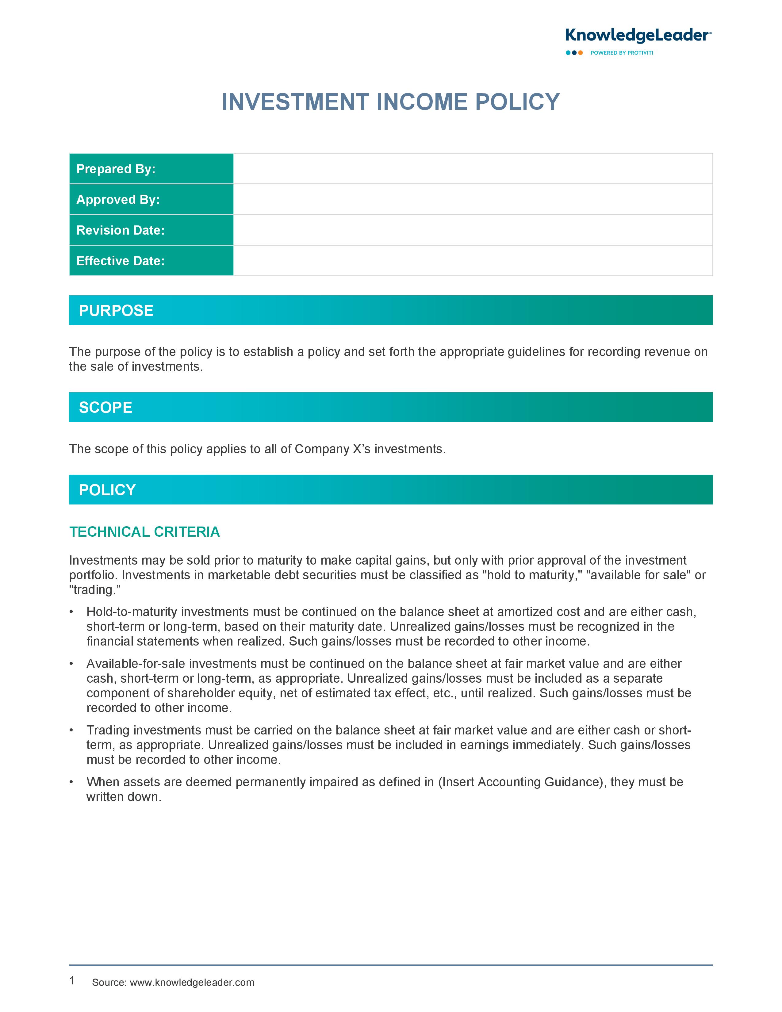 screenshot of the first page of Investment Income Policy