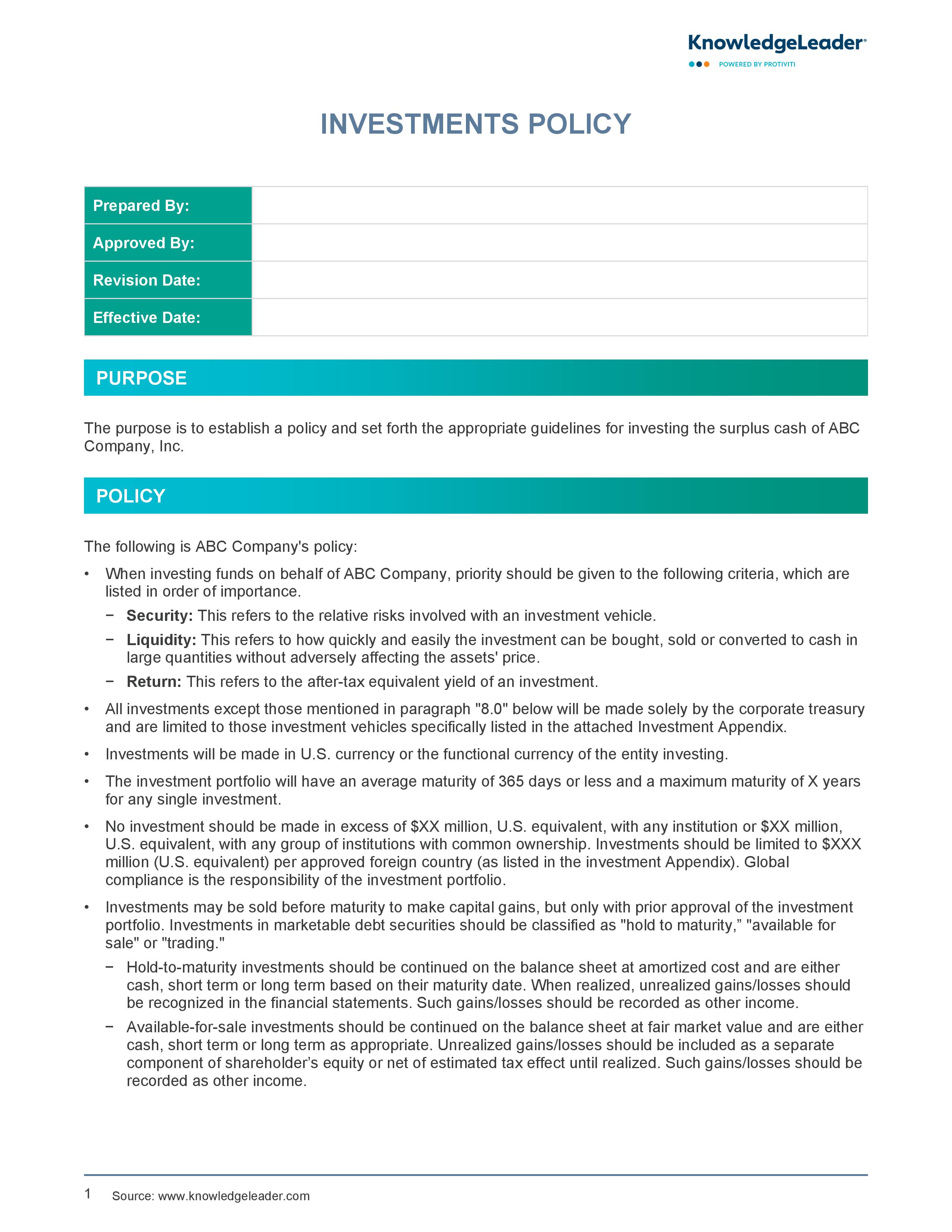 screenshot of the first page of Investments Policy