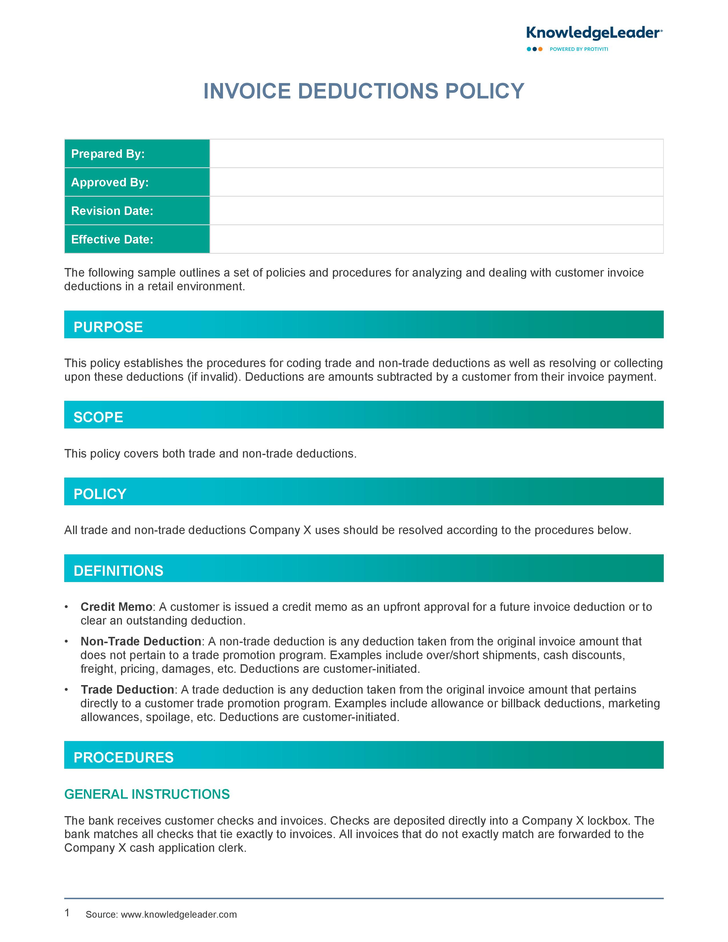 screenshot of the first page of Invoice Deductions Policy