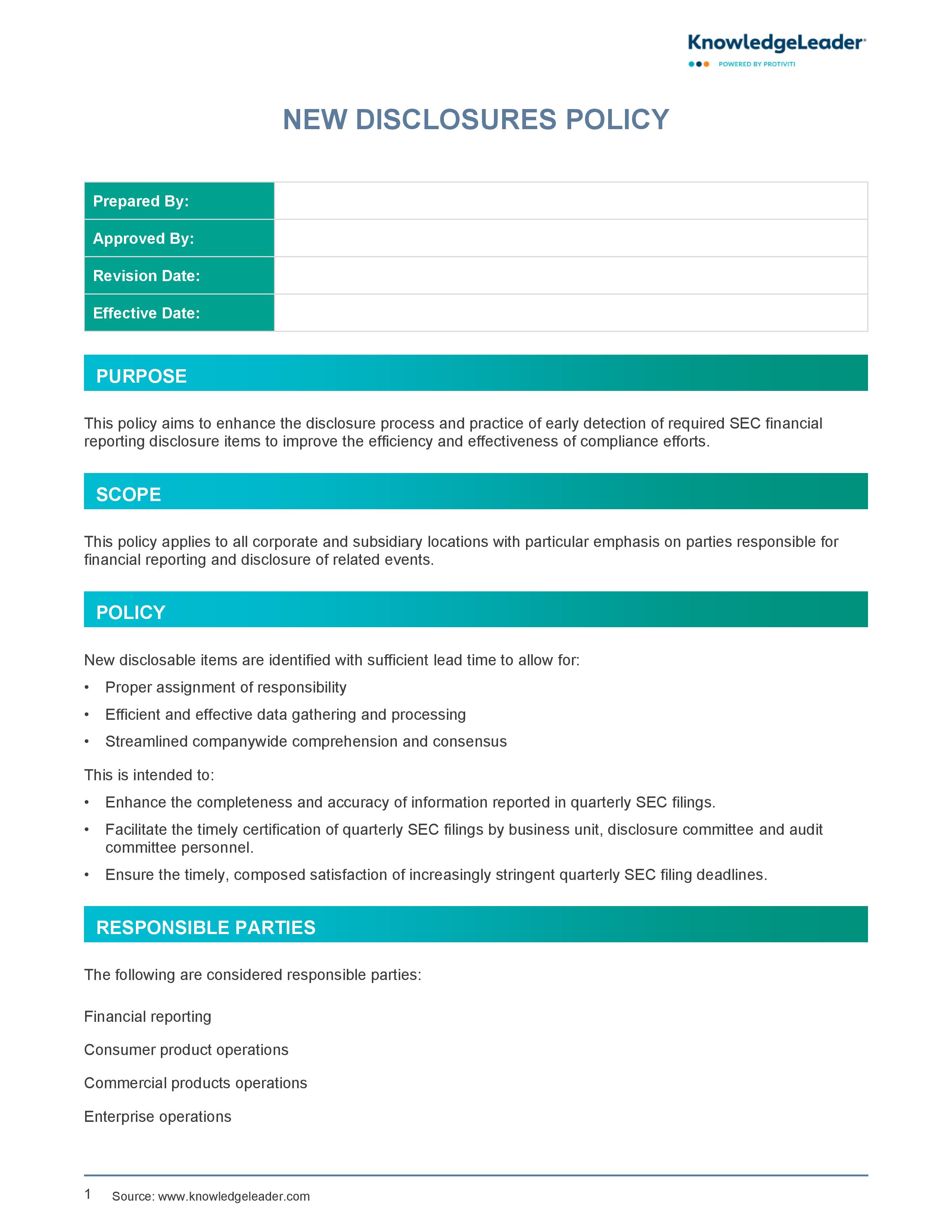 Screenshot of the first page of New Disclosures Policy