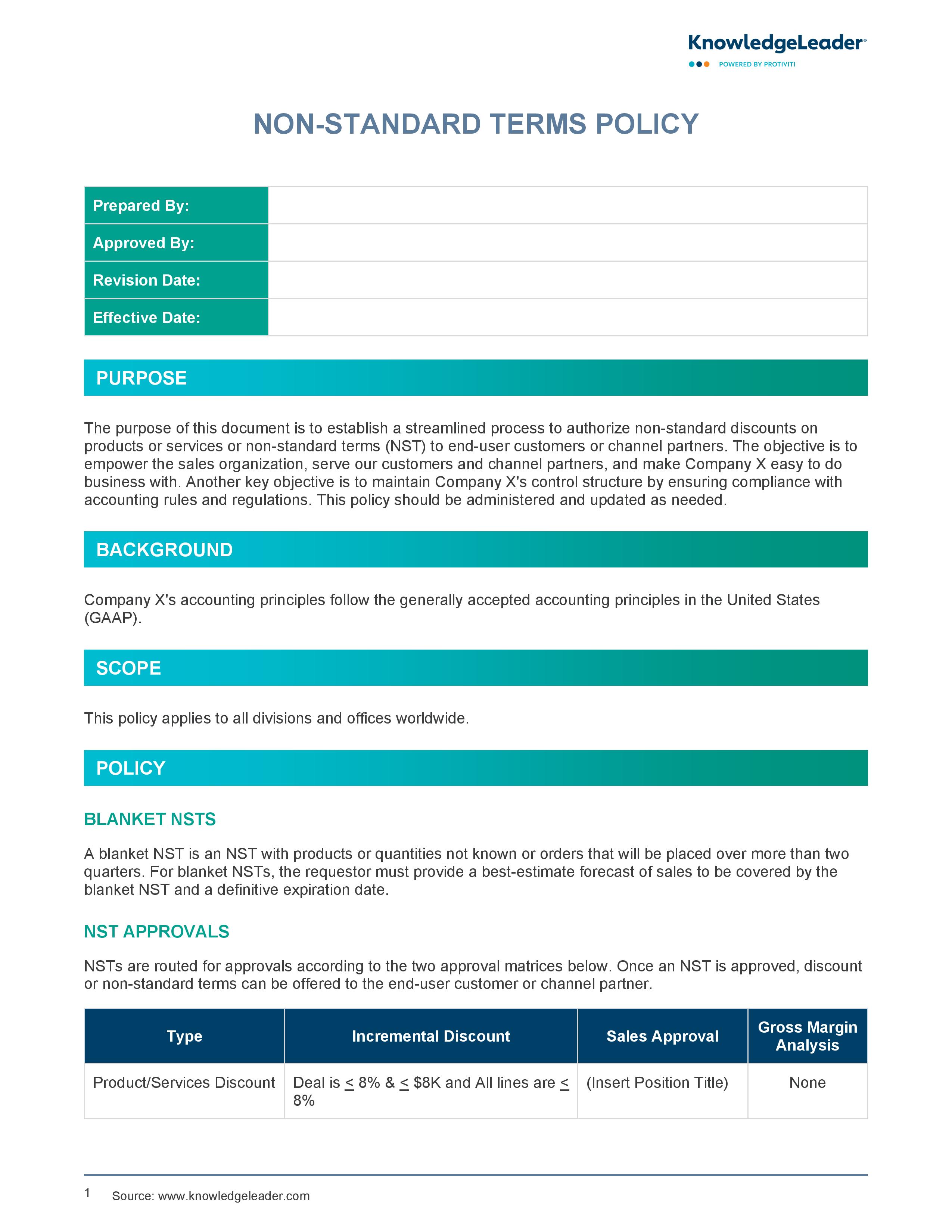 screenshot of the first page of Non-Standard Terms Policy