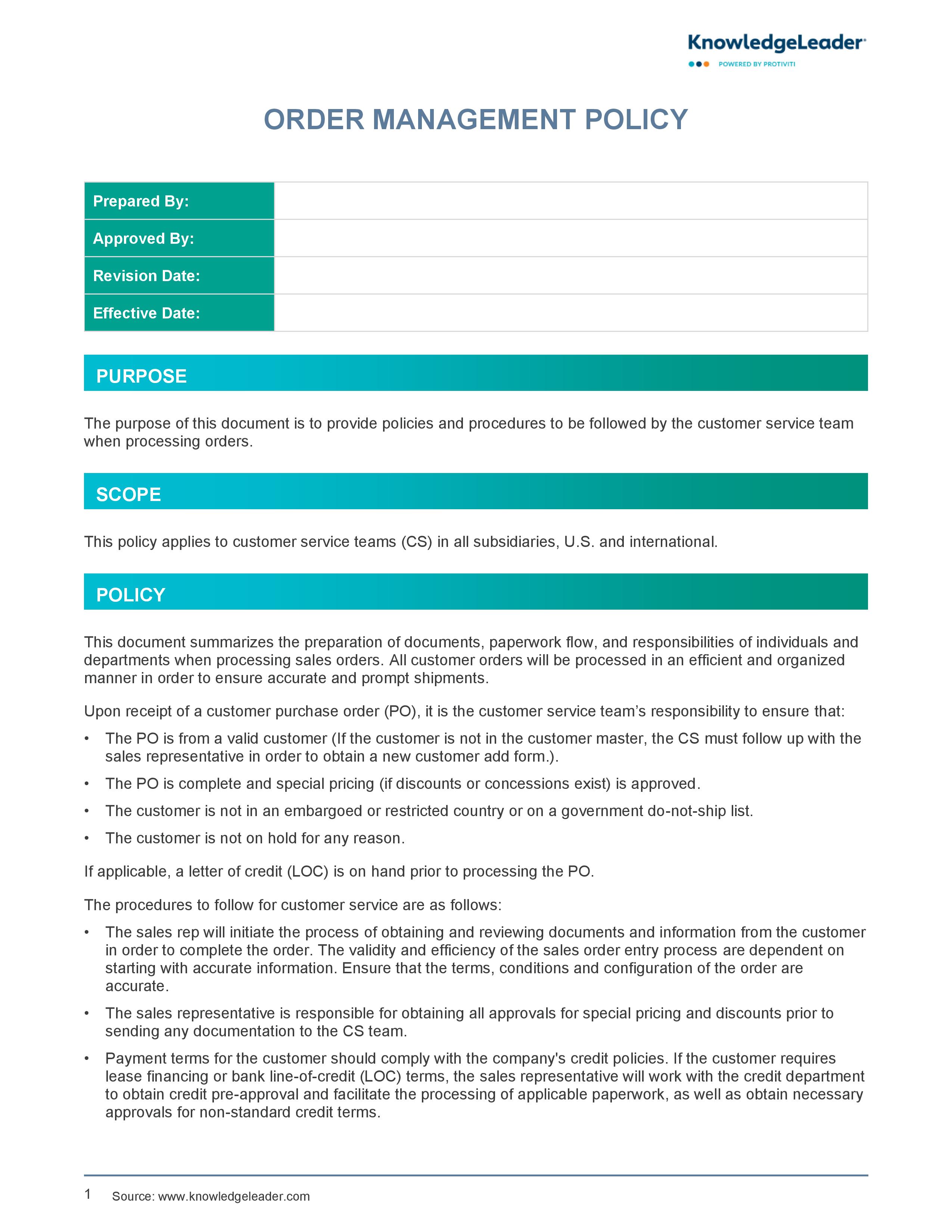 Screenshot of the first page of Order Management Policy