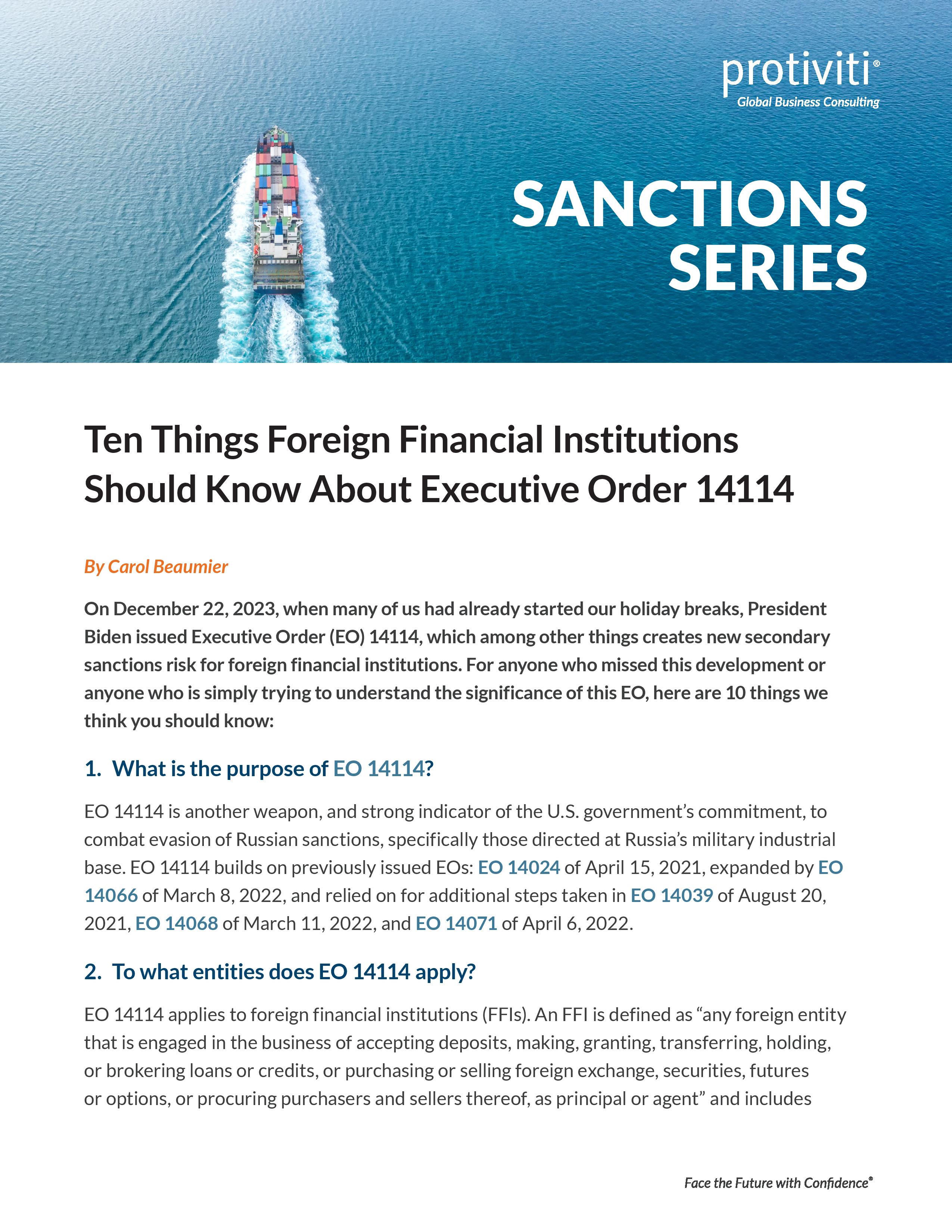 screenshot of the first page of Ten Things Foreign Financial Institutions Should Know About Executive Order 14114