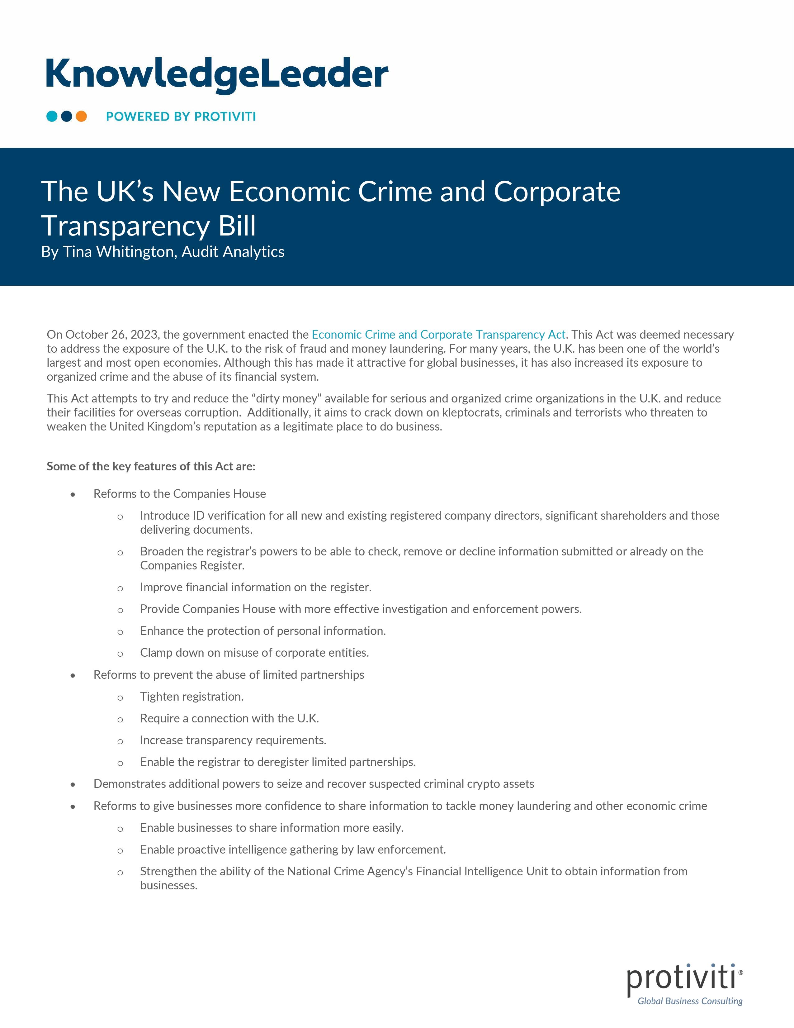 screenshot of the first page of The UK’s New Economic Crime and Corporate Transparency Bill