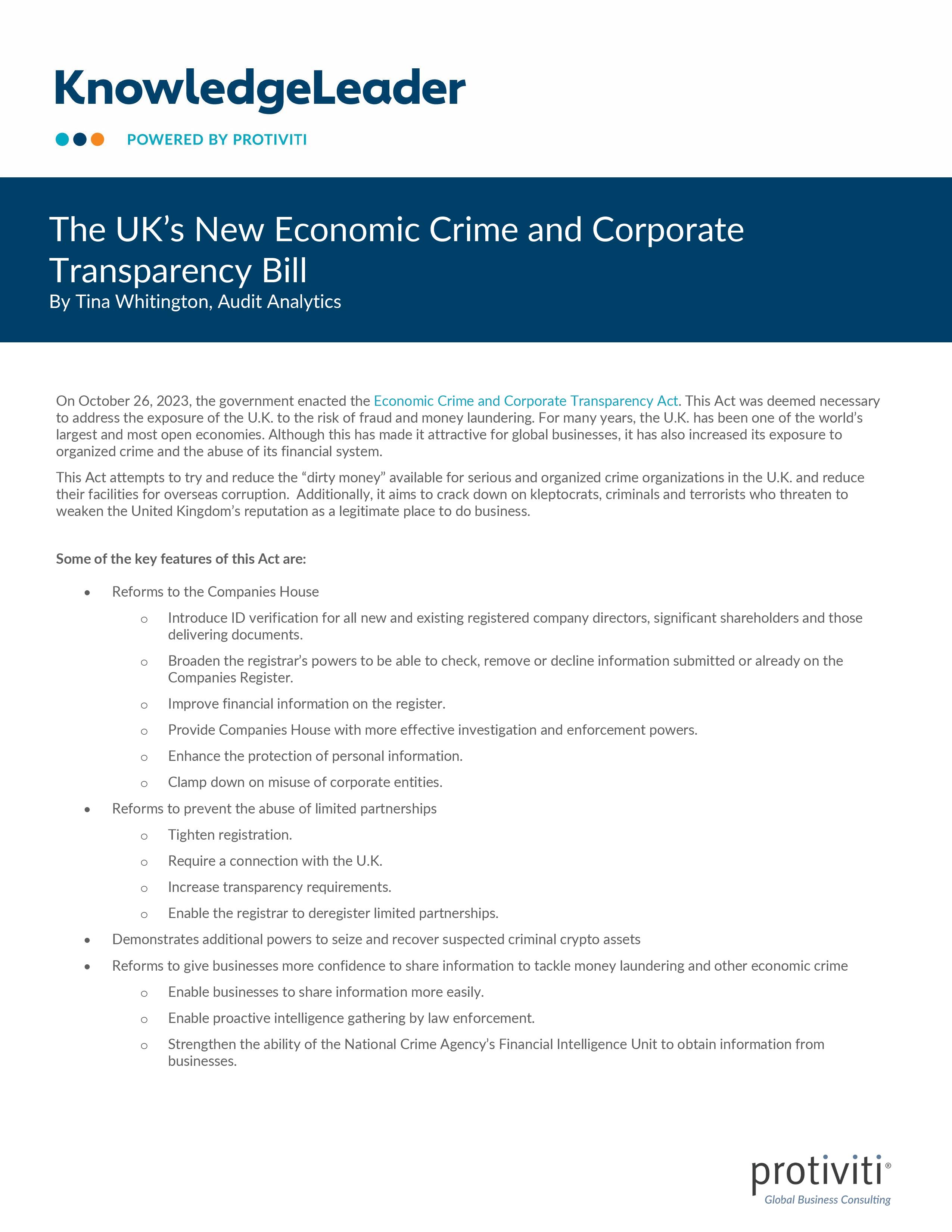 screenshot of the first page of The UK’s New Economic Crime and Corporate Transparency Bill